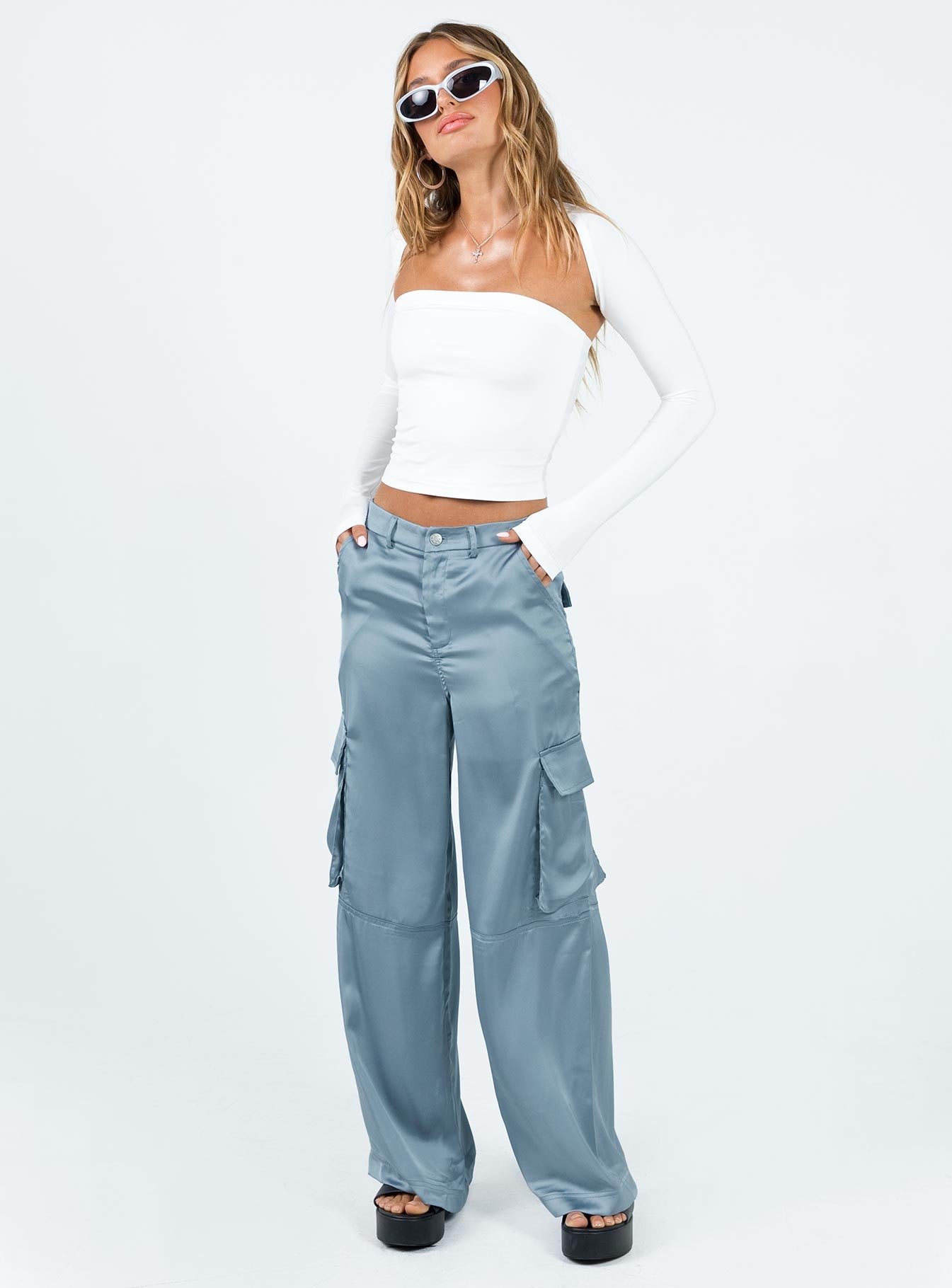 Zora Satin Cargo Pant Blue - Image 2