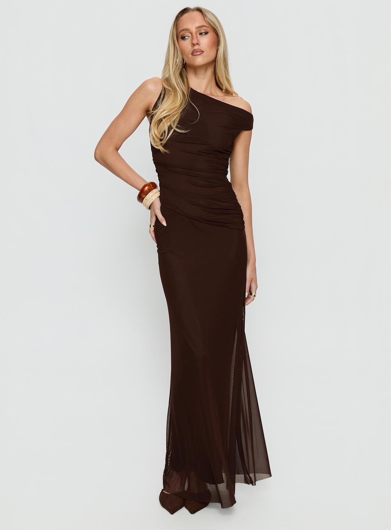 Krystyna Off Shoulder Ruched Maxi Dress Chocolate - Image 2