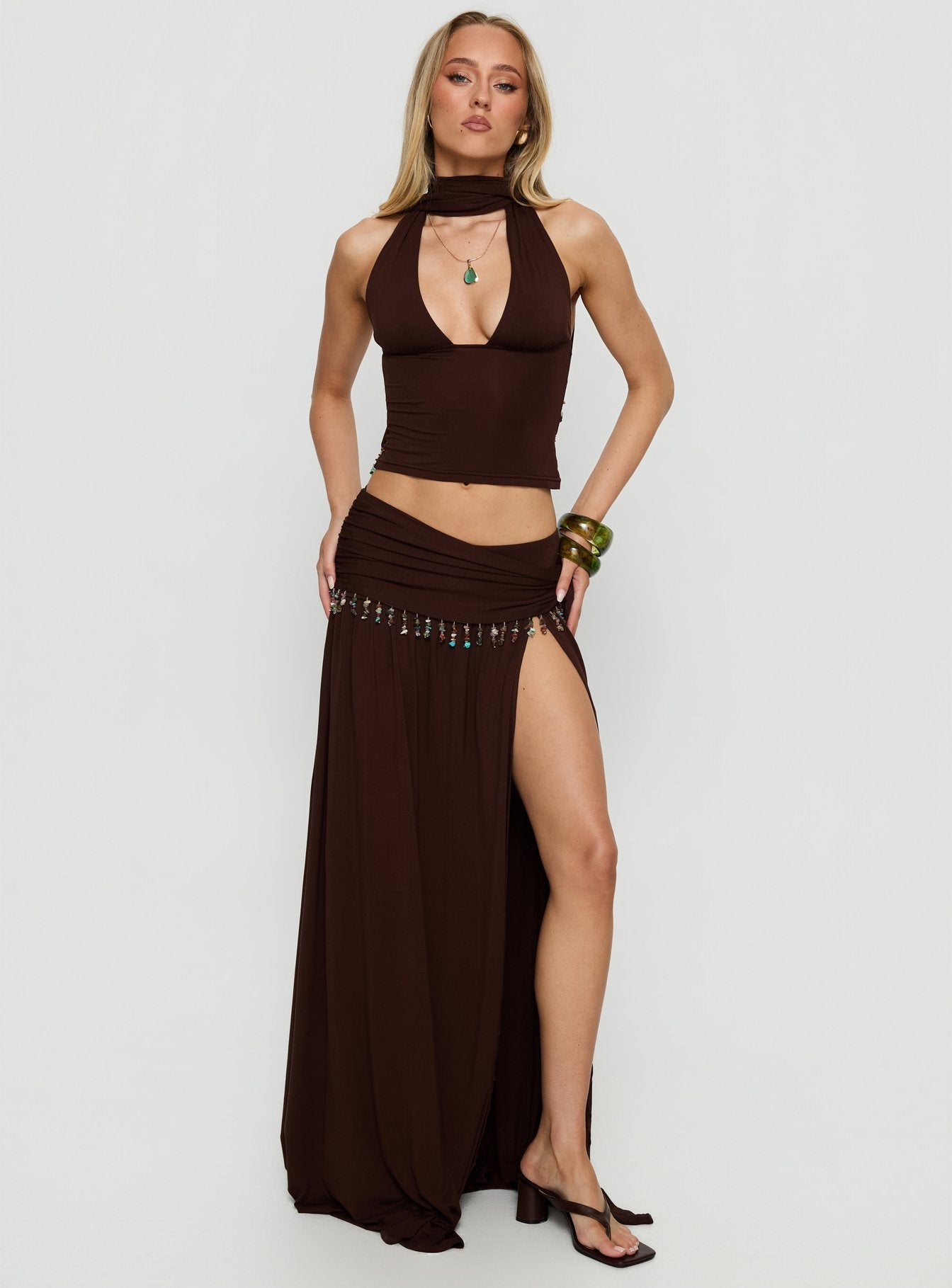 Spirita Beaded Sarong Maxi Skirt Brown - Image 3