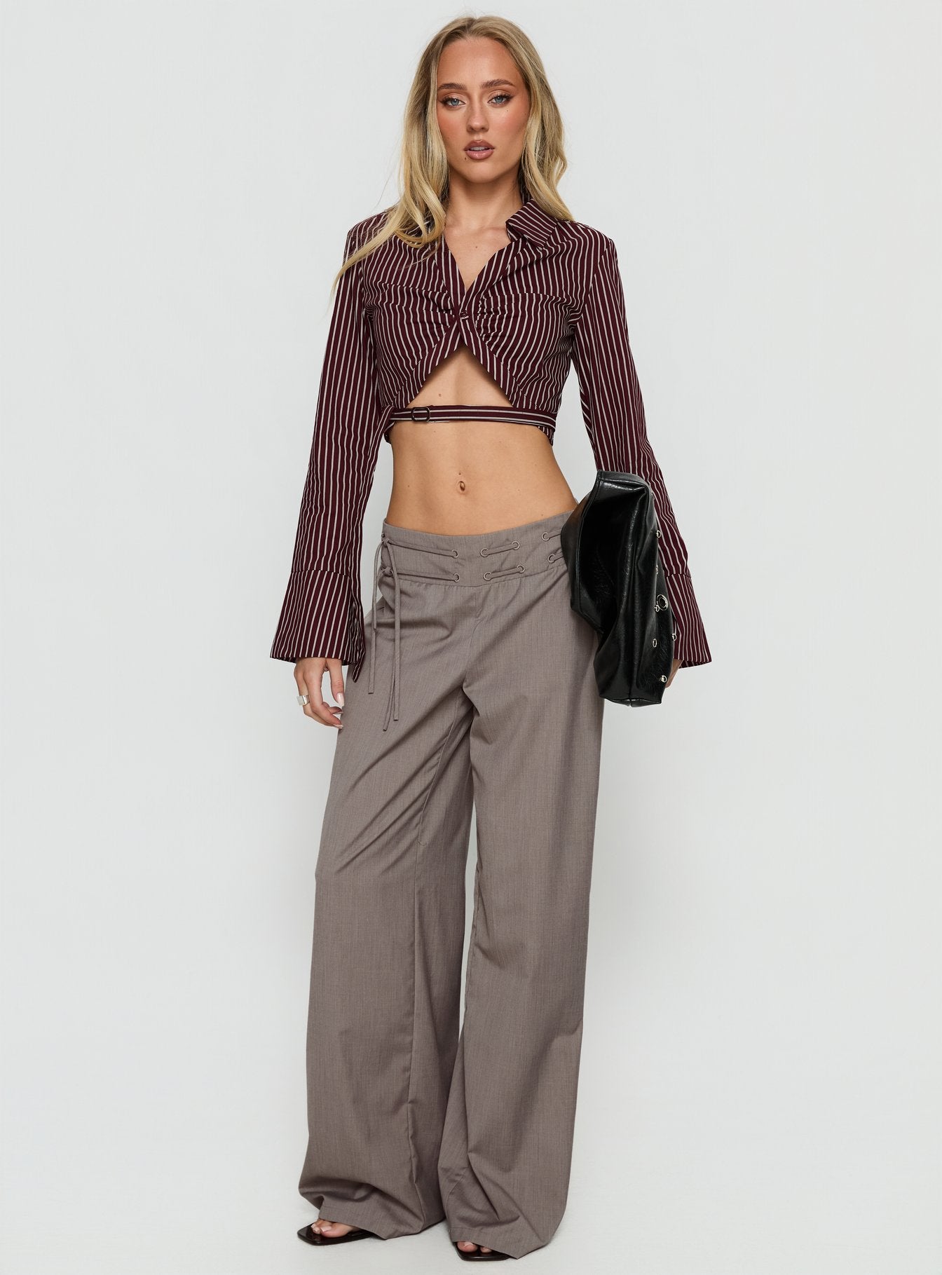 Anslee Wrap Detail Cropped Long Sleeve Top Burgundy Stripe - Image 2