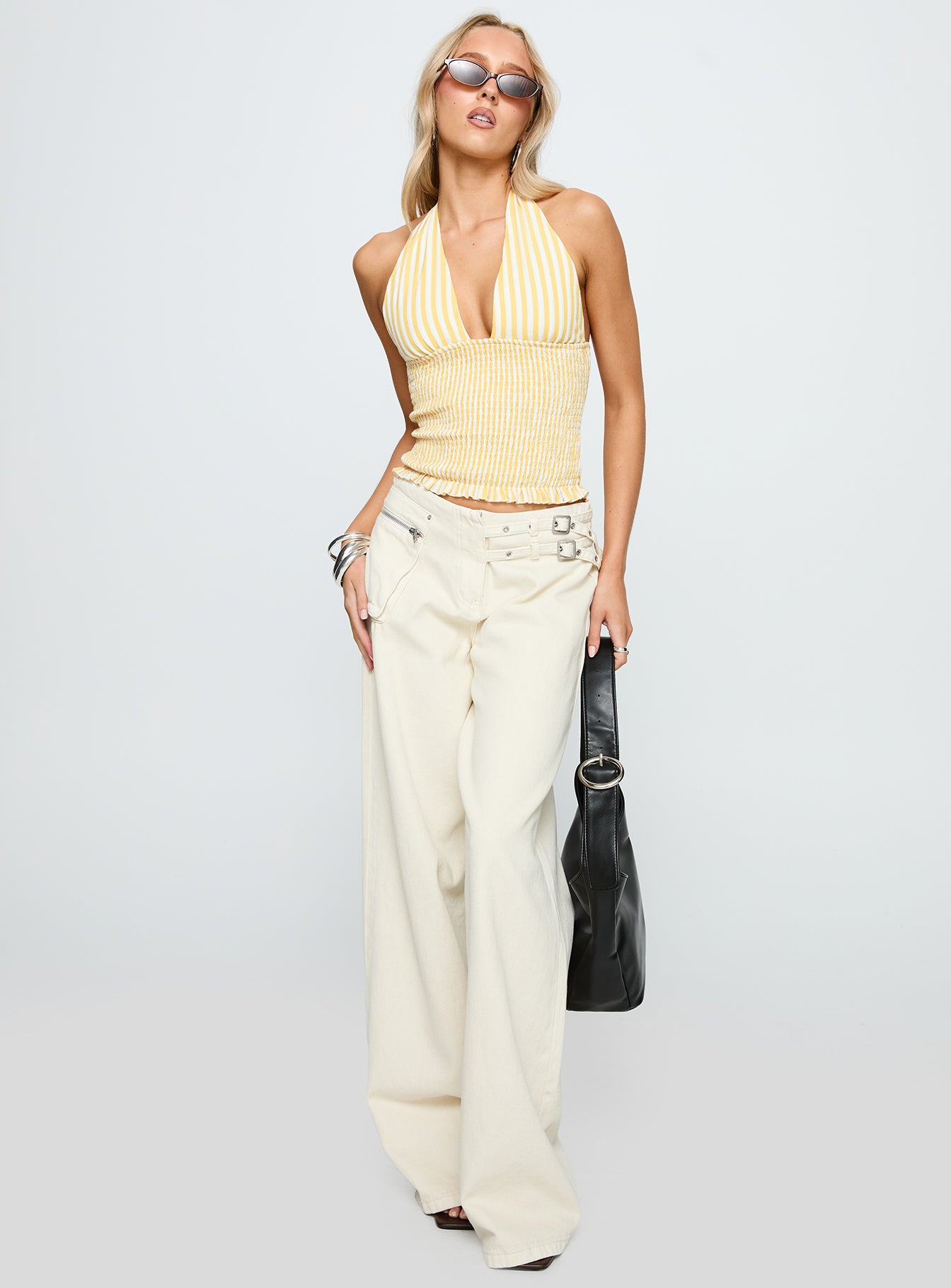 Averin Shirred Halter Top Lemon Stripe - Image 3