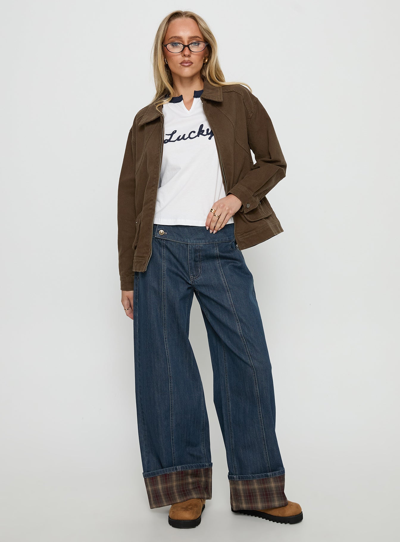 Nikoletta Foldover Jeans Dark Wash / Check - Image 3