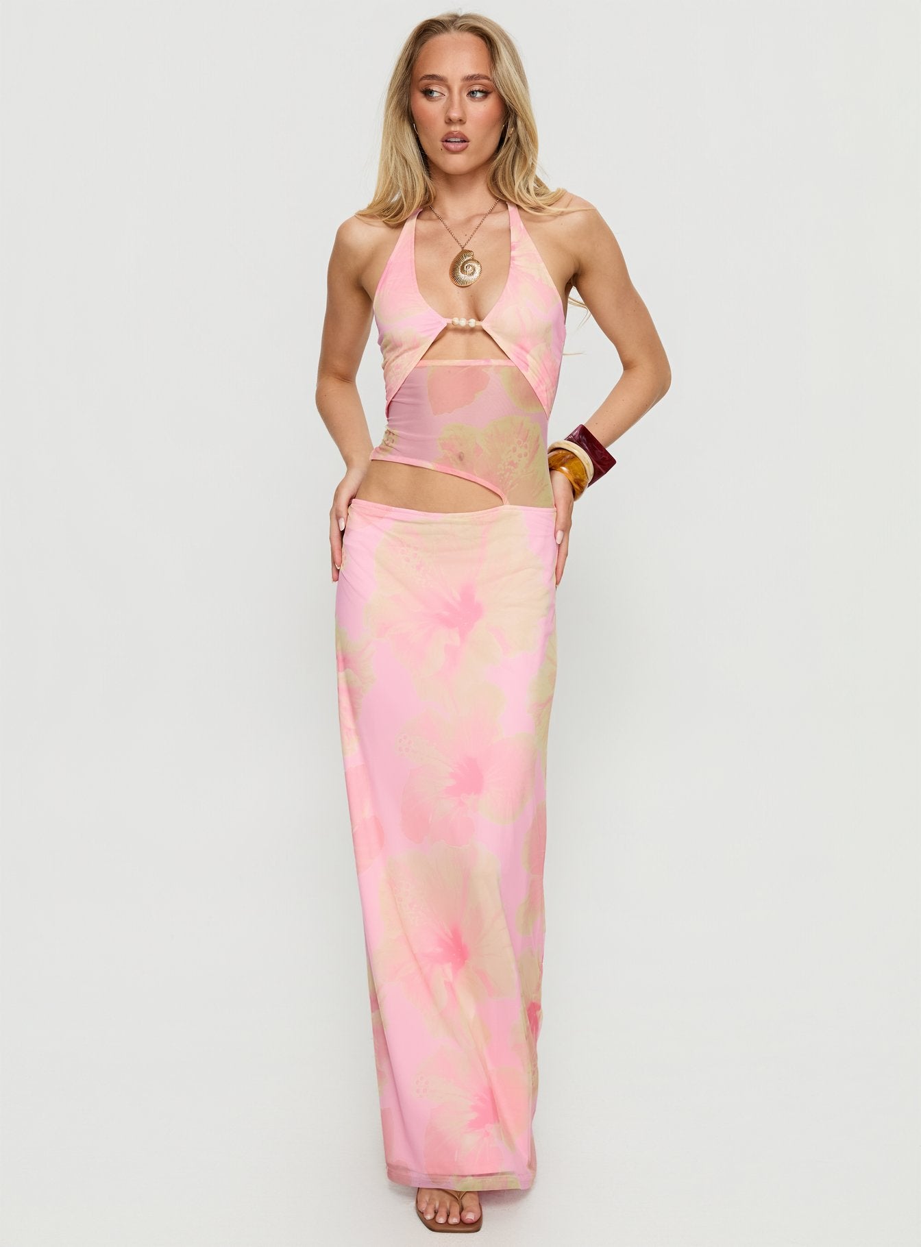 Dyanna Halter Mesh Maxi Dress Pink Floral - Image 3