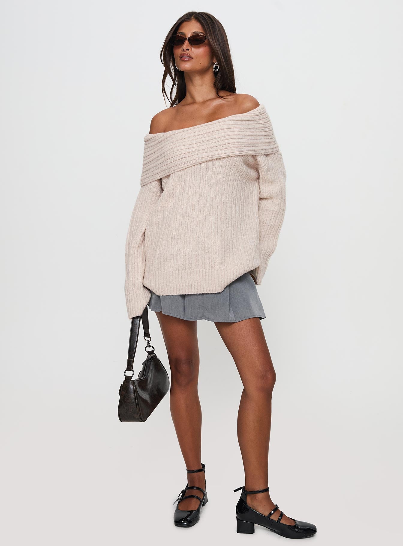 Mirrelle Off Shoulder Knit Sweater Beige - Image 3
