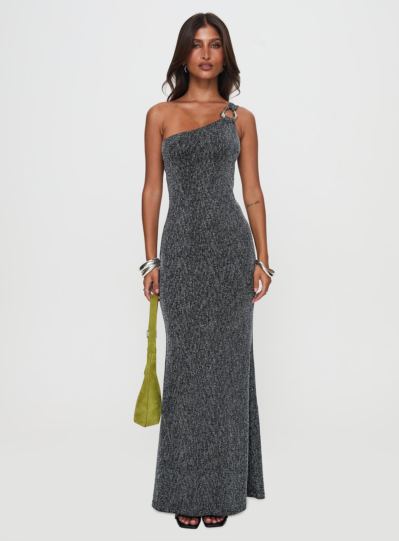 Beckon One Shoulder Maxi Dress Black Glitter - Image 3