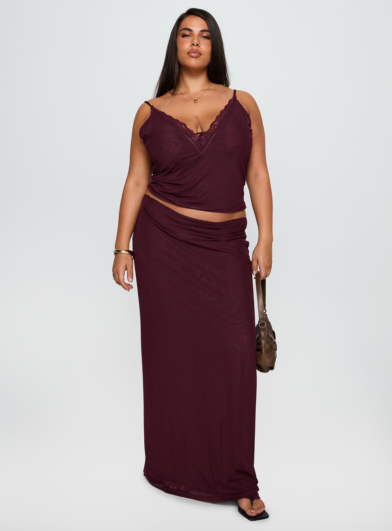 Reiko Lace Trim Tie Front Maxi Set Burgundy Curve - Image 3