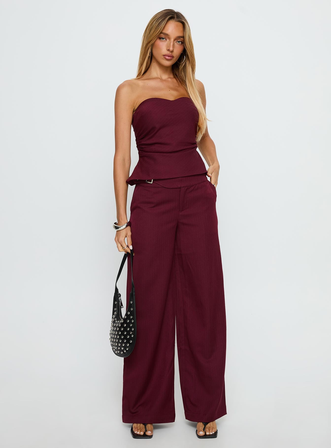 Jinny Relaxed Buckle Tailored Pants Berry Pinstripe - Image 3