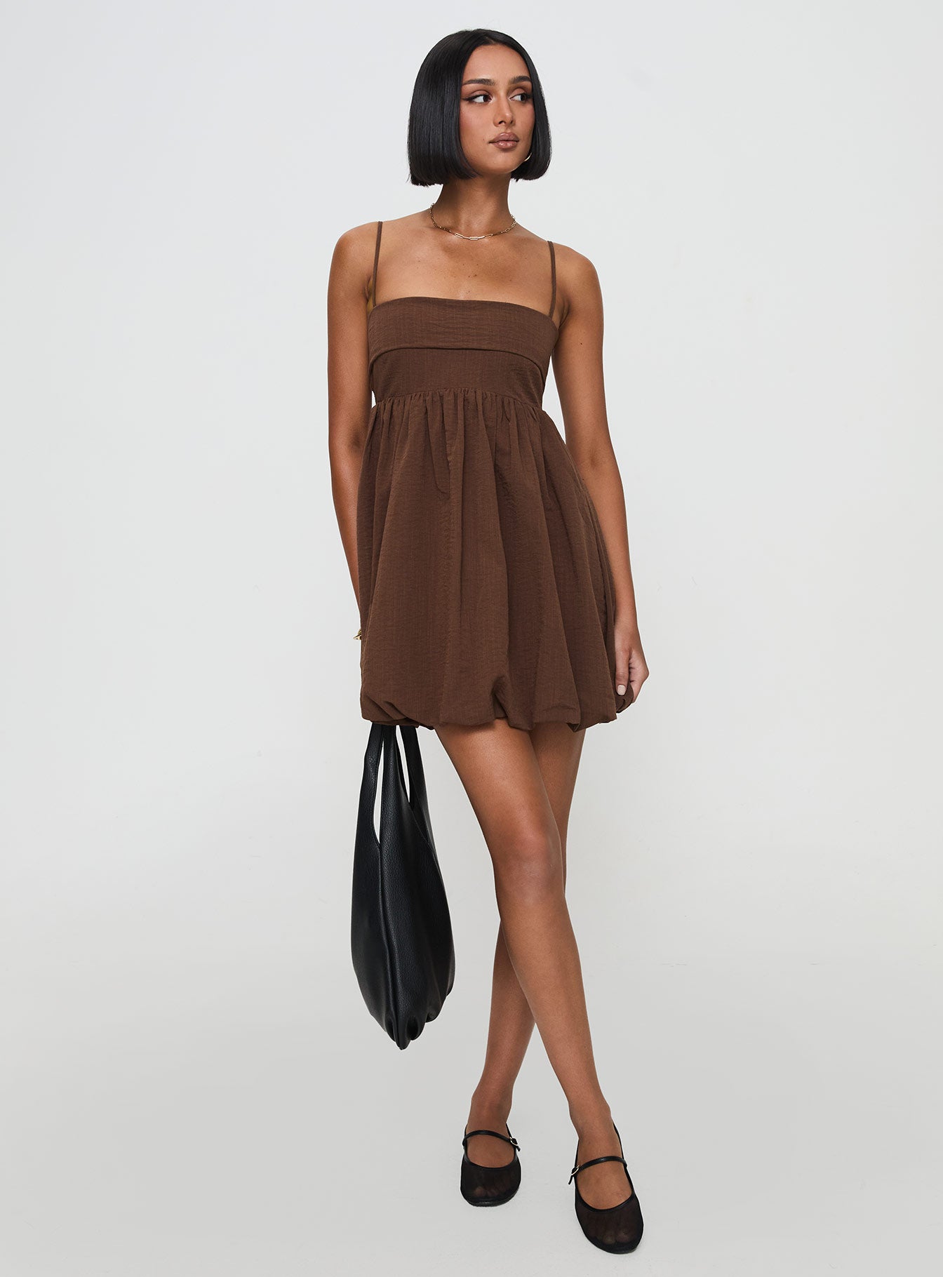 Layken Bubble Hem Mini Dress Chocolate Petite - Image 3