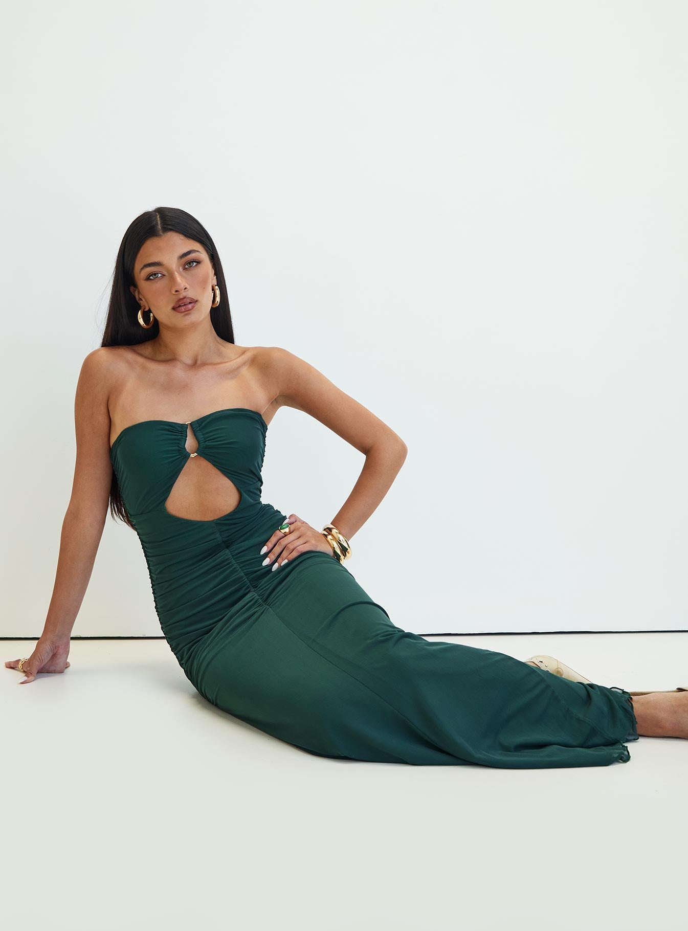 Gomeza Strapless Cut Out Maxi Dress Dark Green - Image 2