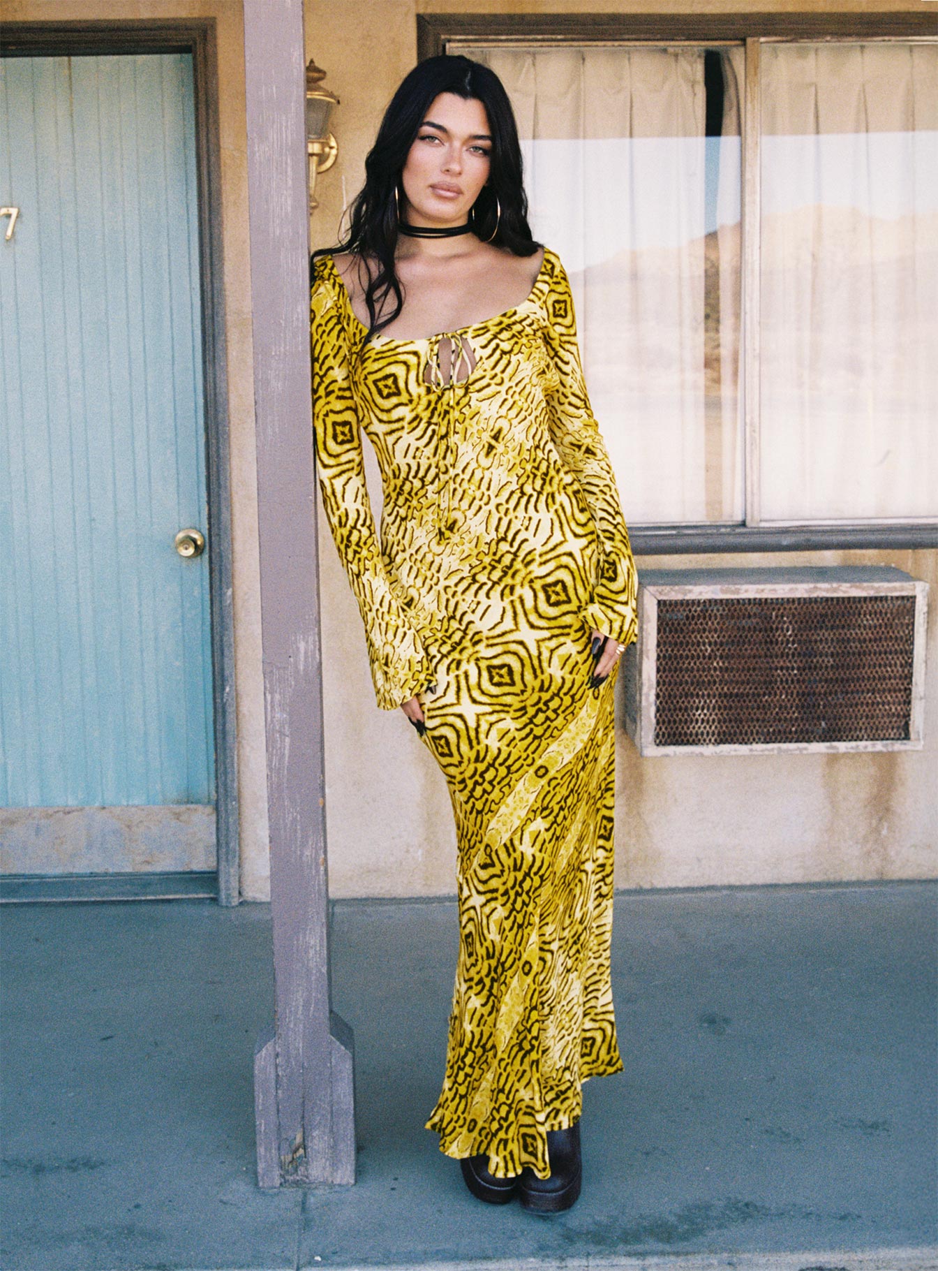 Setting Sun Long Sleeve Maxi Dress Yellow / Black - Image 2