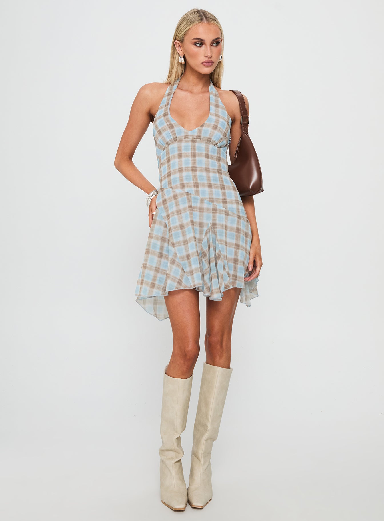 Valorie Halter Mini Dress Blue Check - Image 3