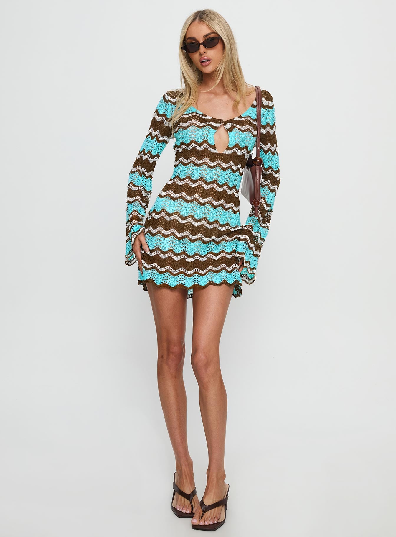 Suka Long Sleeve Knit Mini Dress Brown / Blue - Image 3