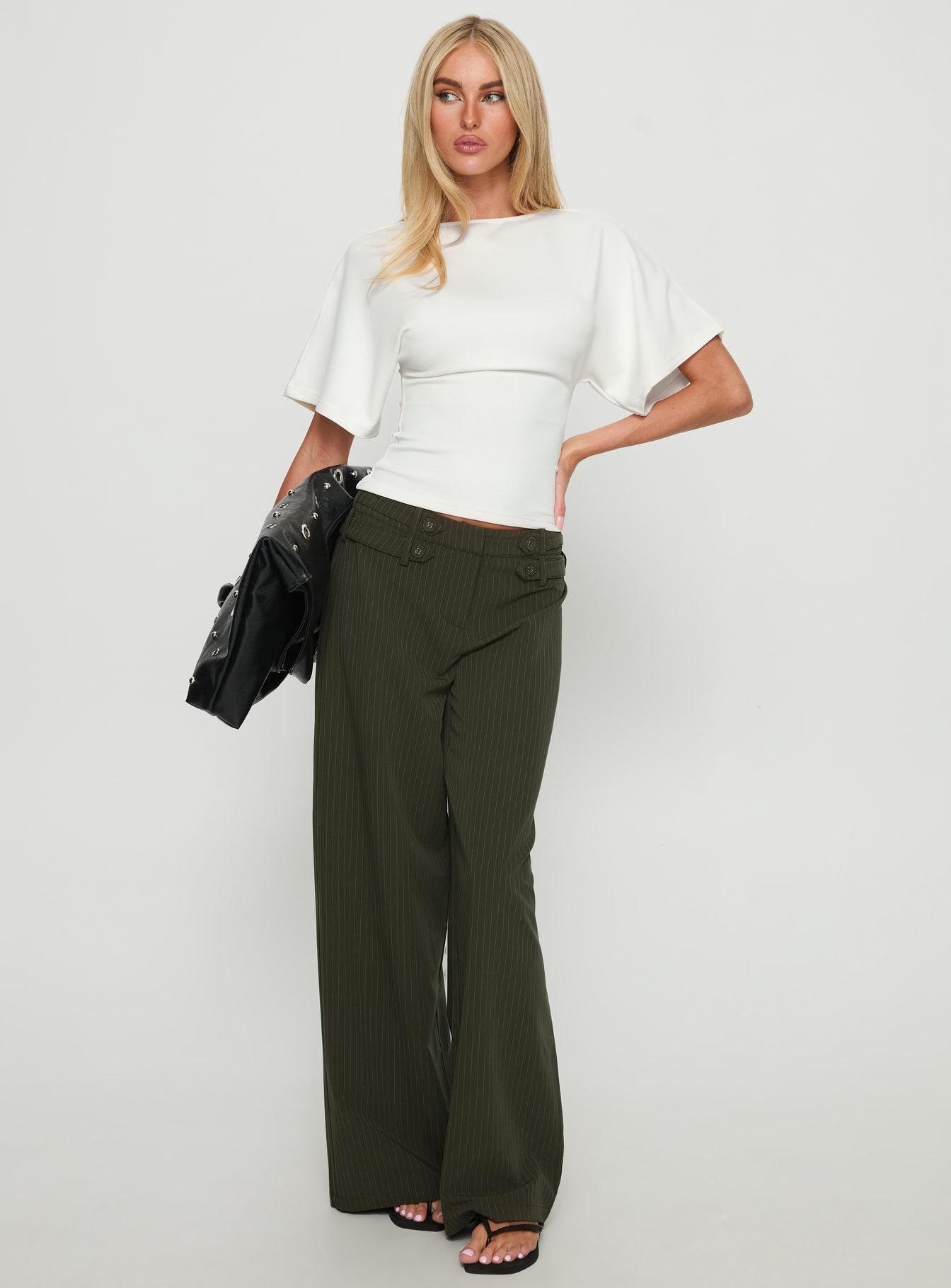 Jette Tailored Buckle Pant Green Pinstripe - Image 3
