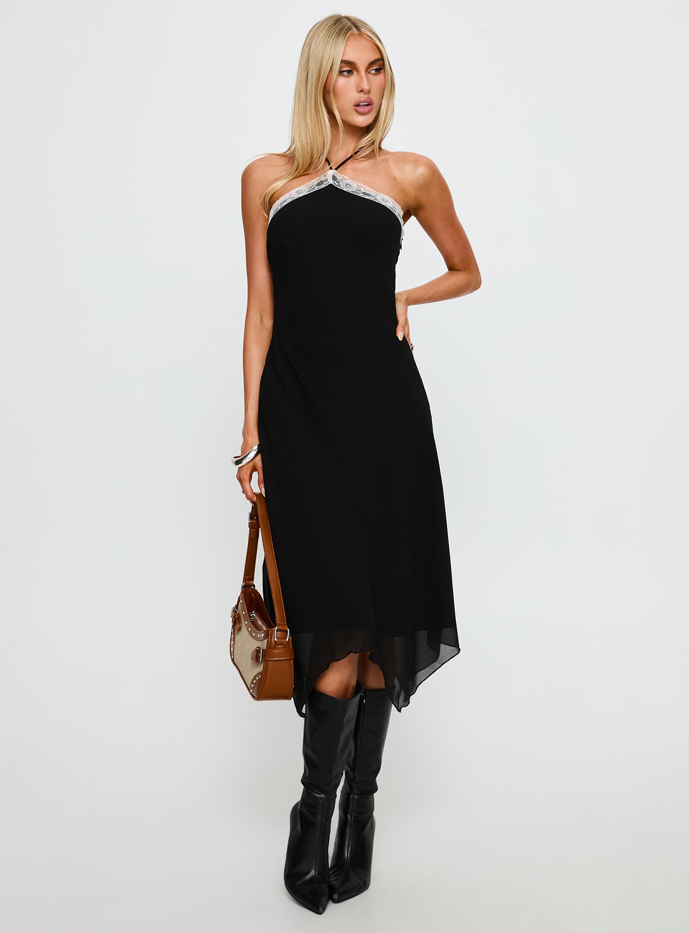 Naila Halter Lace Trim Midi Dress Black - Image 3