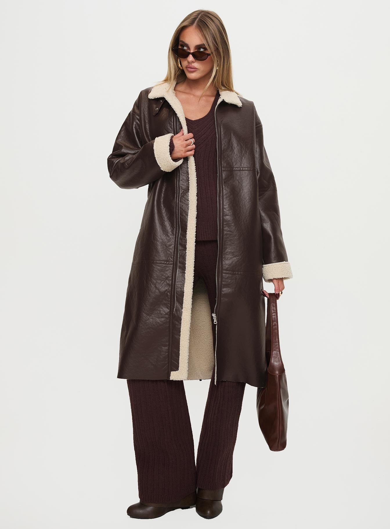Ammelia Shearling Long-line Jacket Brown - Image 3