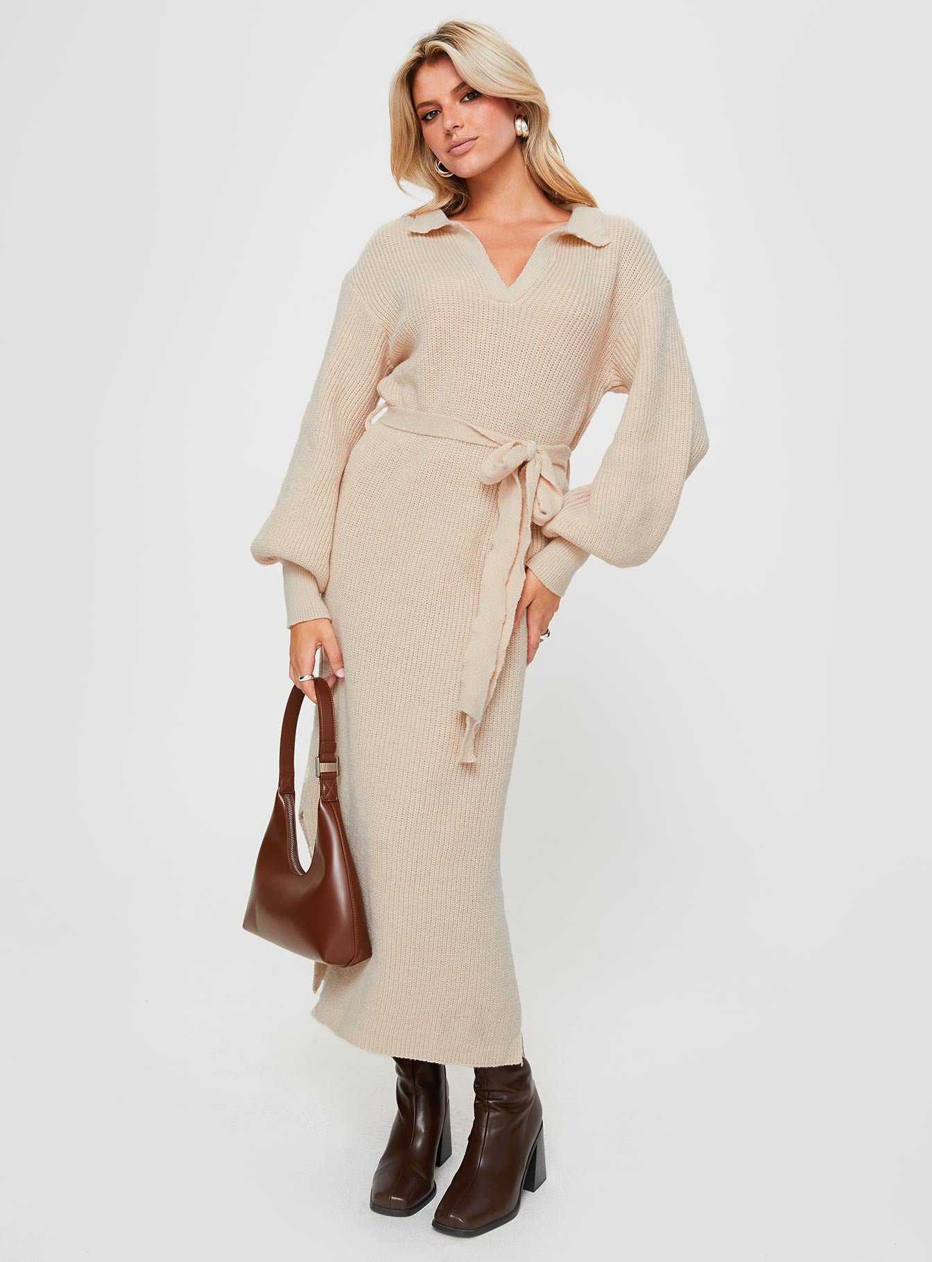 Oriel Long Sleeve Knit Maxi Dress Beige - Image 2