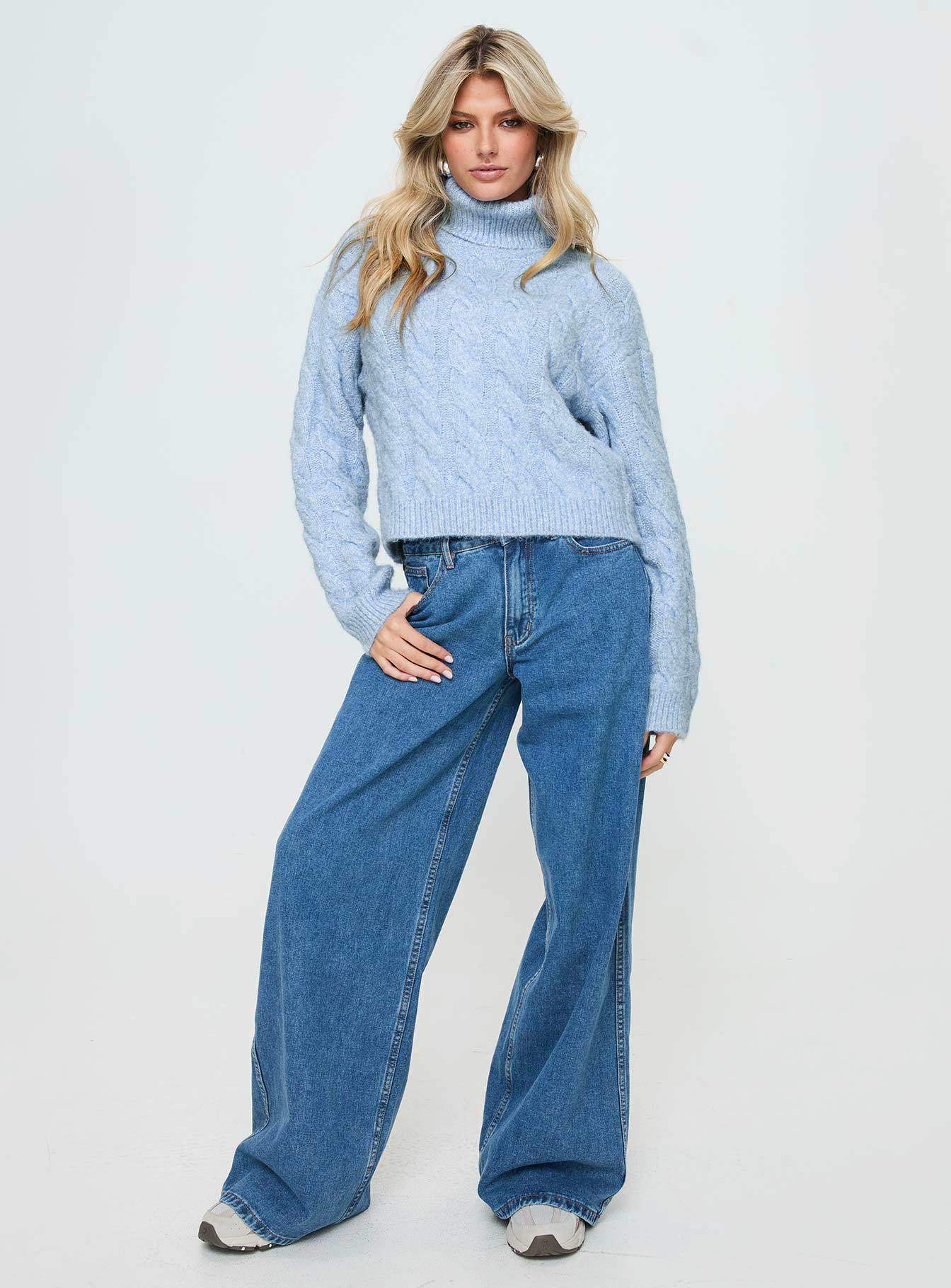 Cathie Turtleneck Cable Knit Sweater Blue - Image 3