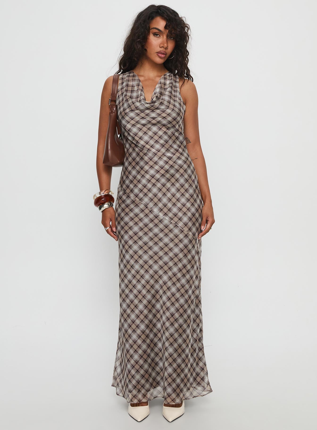 Veida Cowl Neck Maxi Dress Brown Check - Image 3