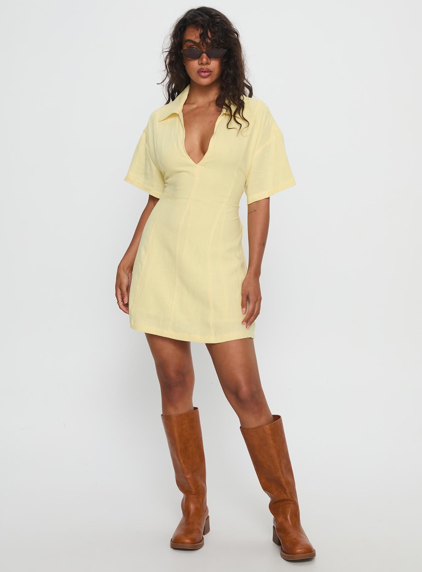 Wylla V Neck Linen Mini Dress Yellow - Image 3