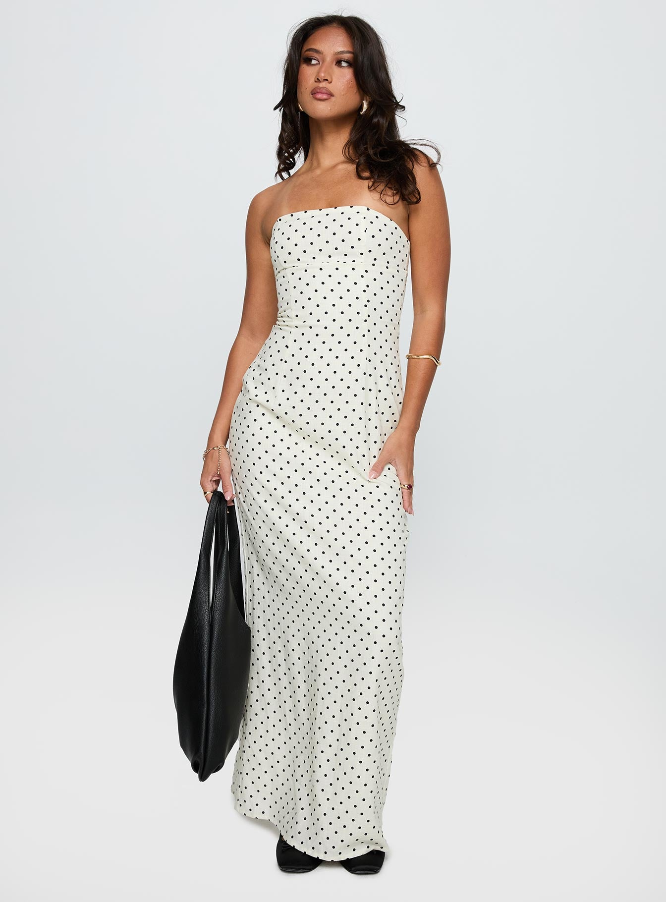 Dovie Linen Blend Strapless Midi Dress Cream Polka - Image 3