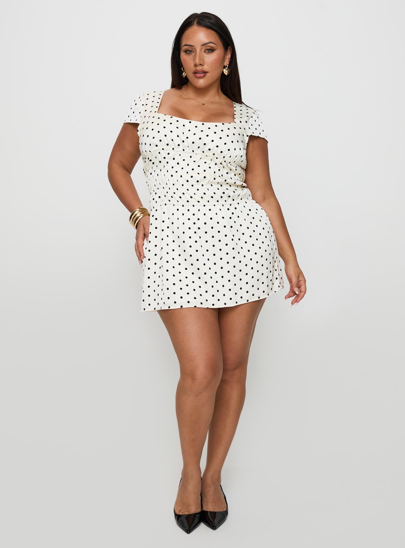 Evangelie Ruched Mini Dress White Polka Curve - Image 3