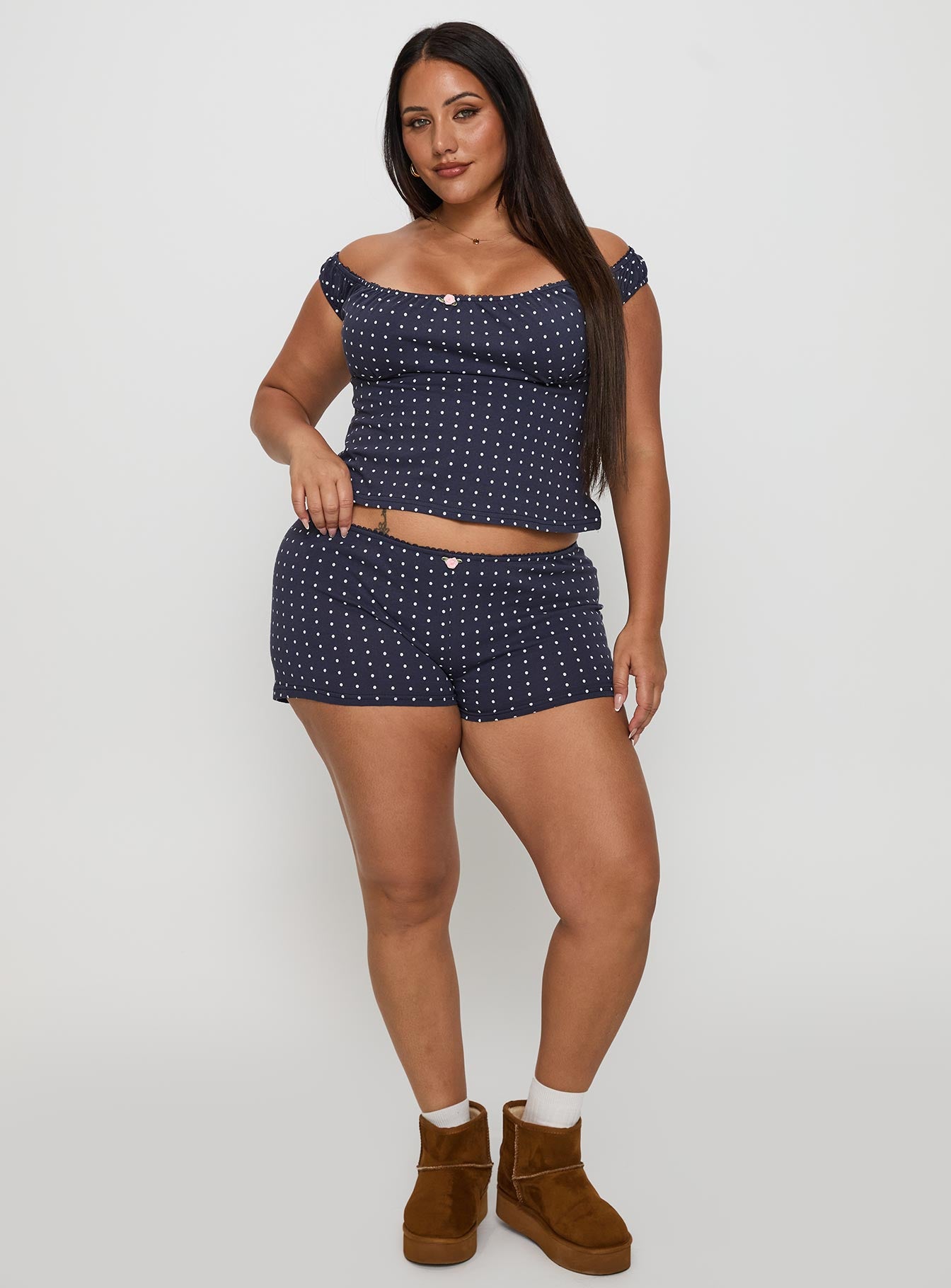 Drift Away Off The Shoulder Sleep Set Navy Dot Curve - Image 3