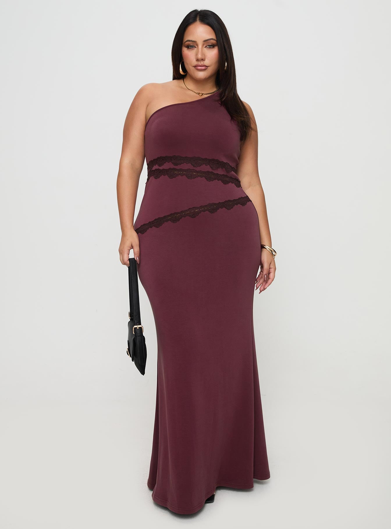Ultraviolet One Shoulder Lace Maxi Dress Wine Curve - Image 3