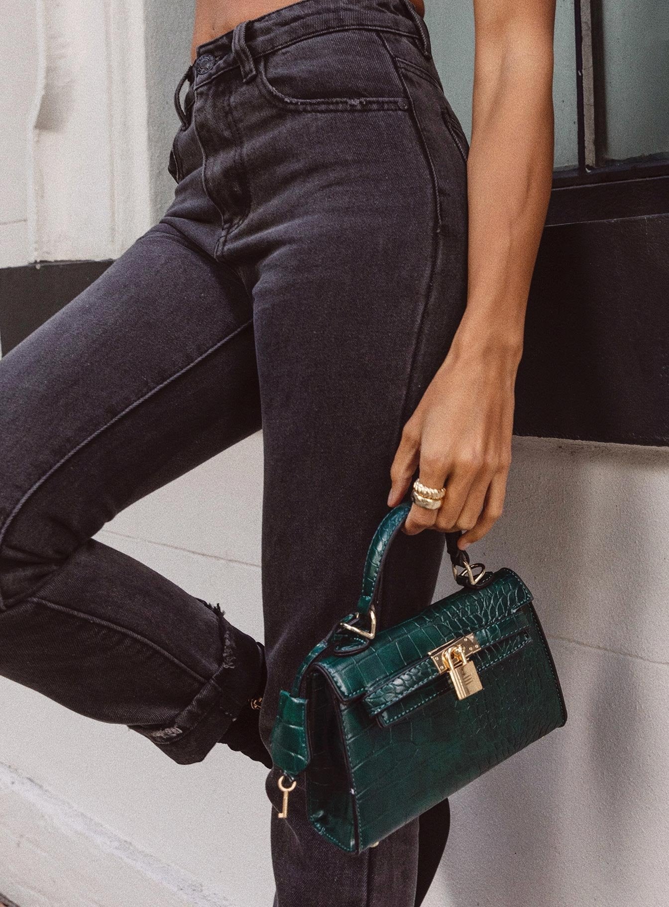 Peta & Jain Hedi Mini Top Handle Bag Green Croc - Image 9