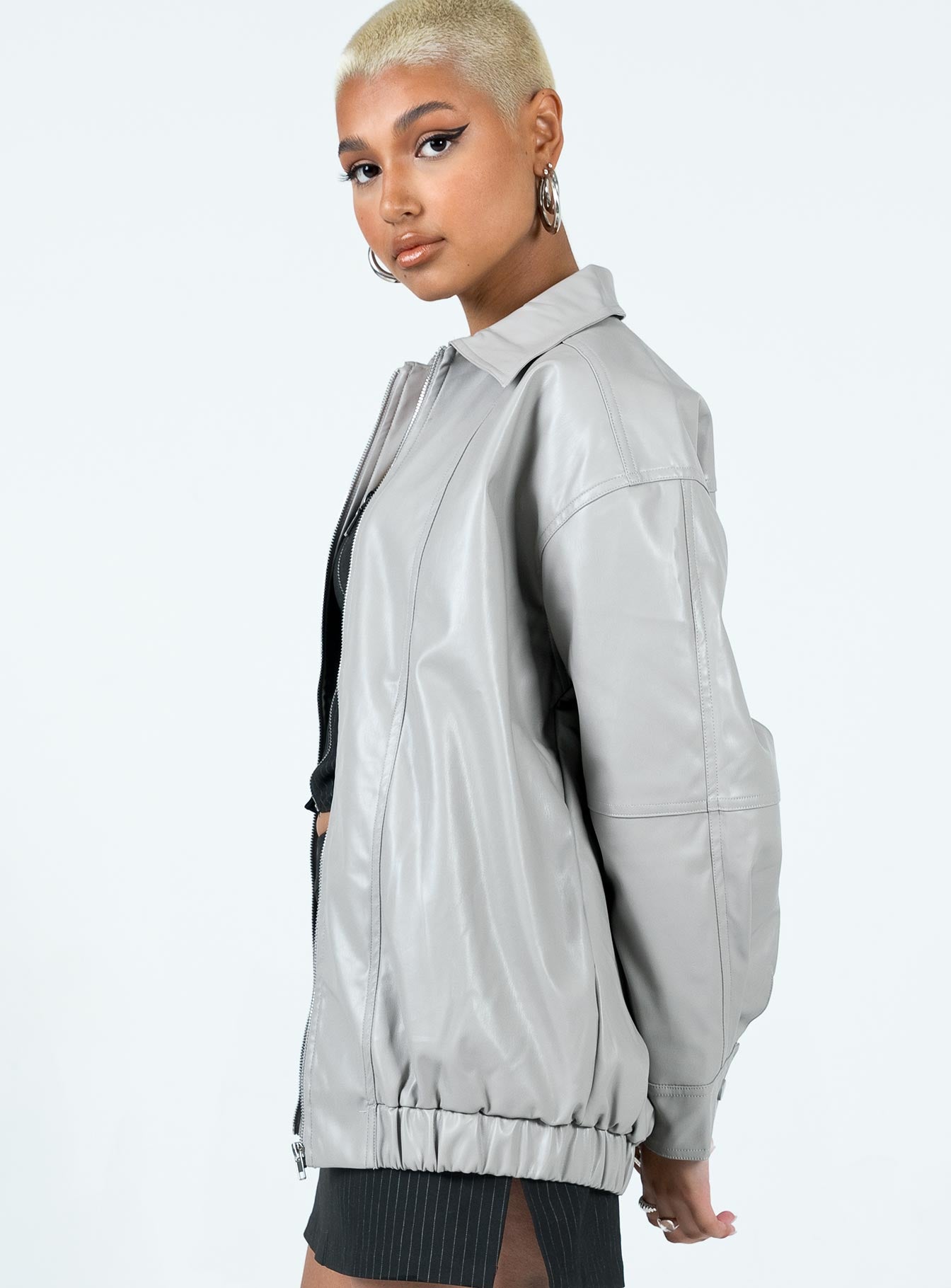 Braelynn Faux Leather Bomber Jacket Grey - Image 4