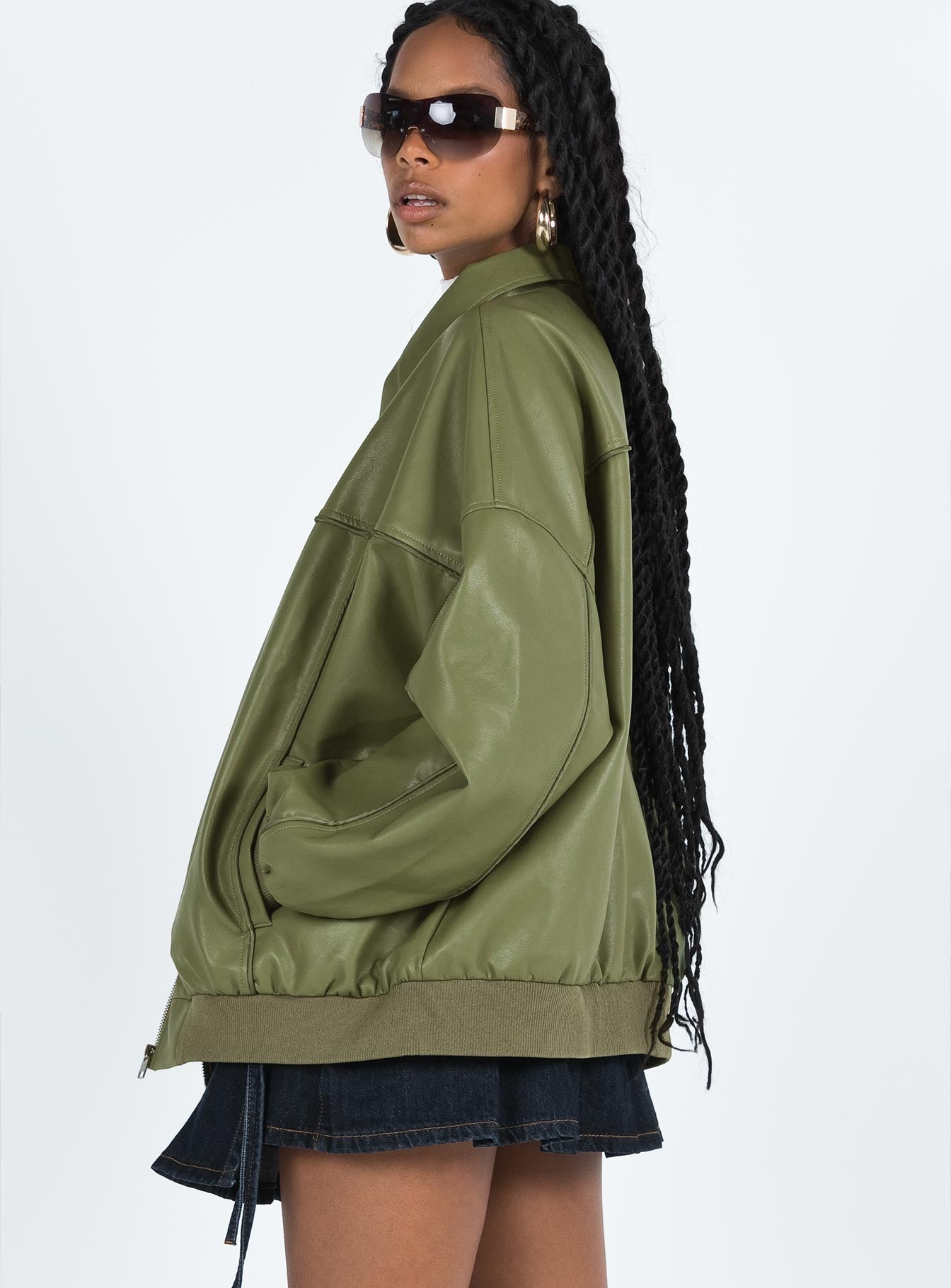 Goldsmith Faux Leather Bomber Jacket Green - Image 4