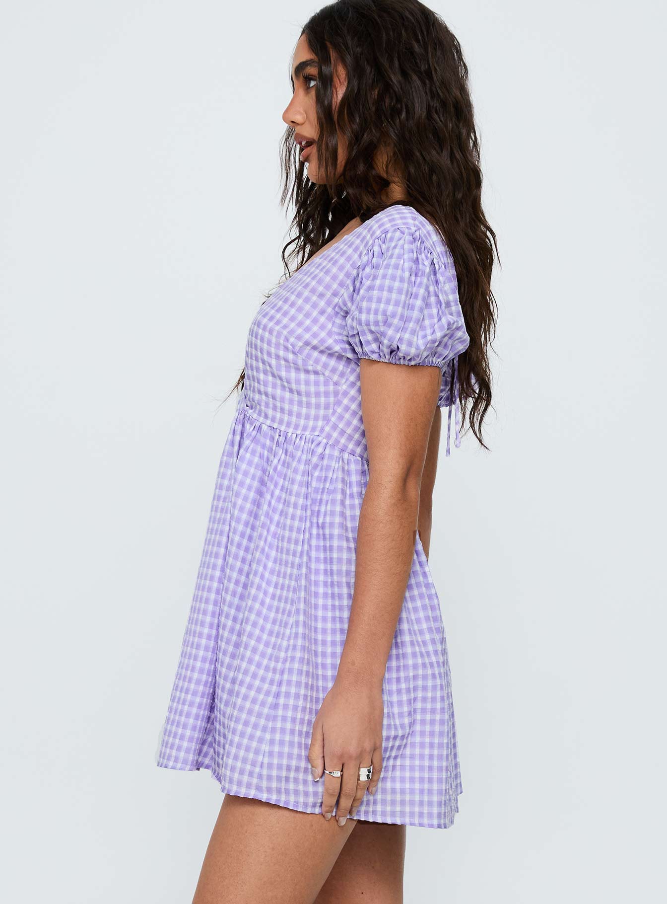 Chavelle Puff Sleeve Mini Dress Purple Check - Image 3