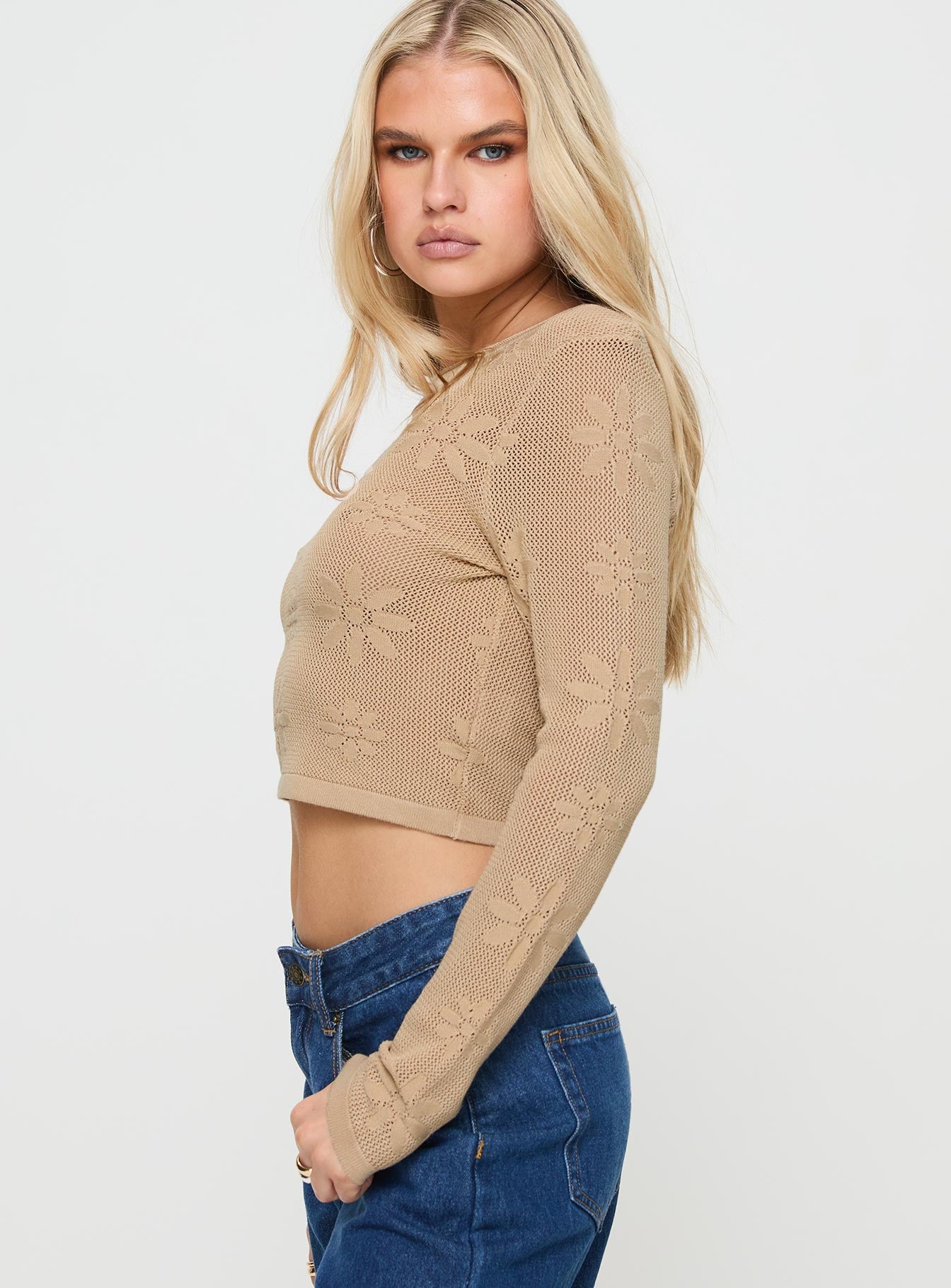 Flolie Long Sleeve Top Beige - Image 3