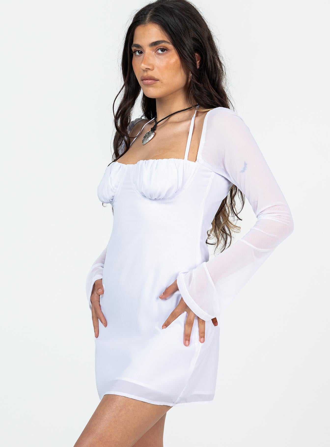 Dyer Sheer Sleeve Mini Dress White Petite - Image 4