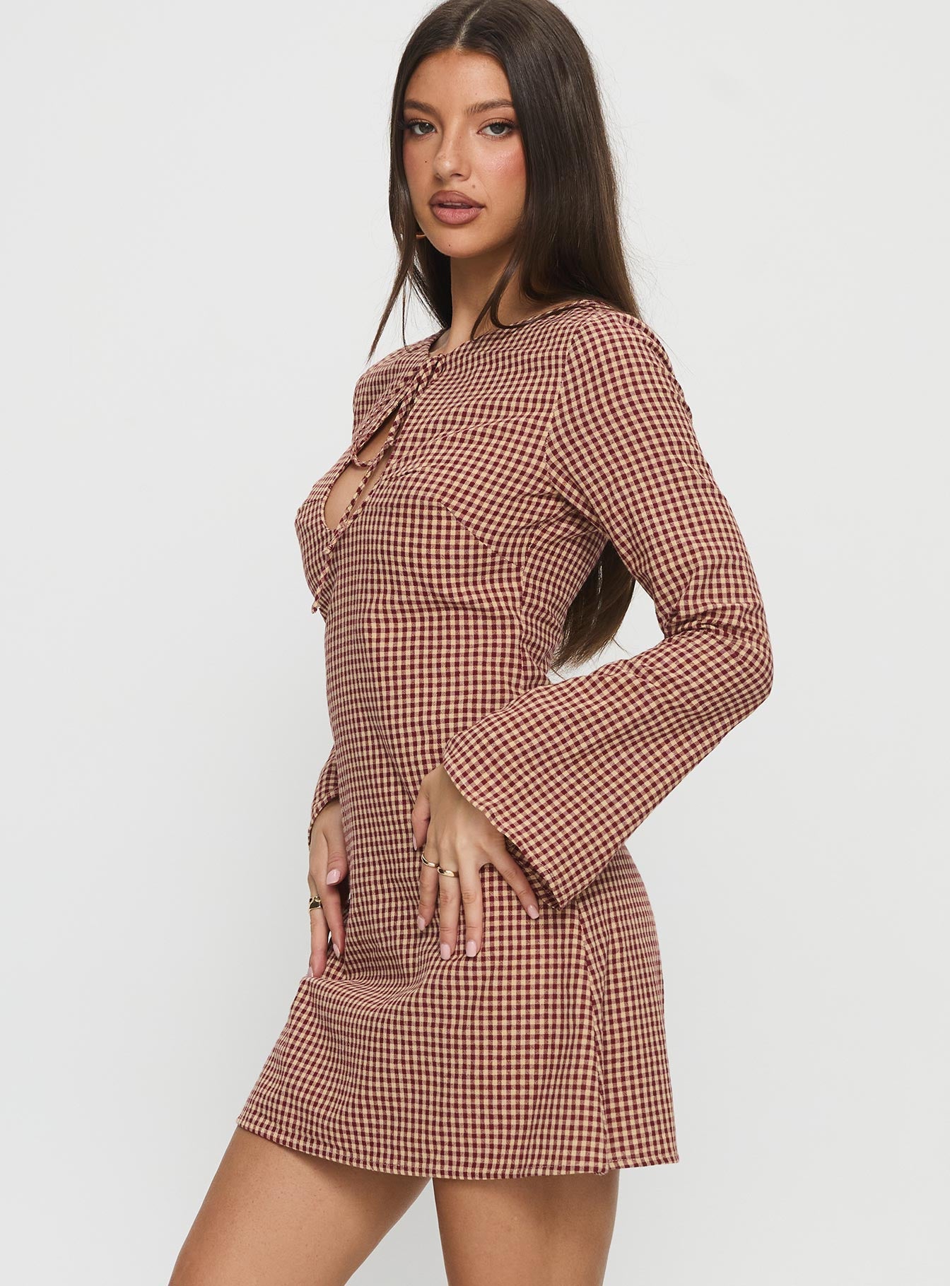 Kassidee Keyhole Long Sleeve Mini Dress Red Check - Image 4