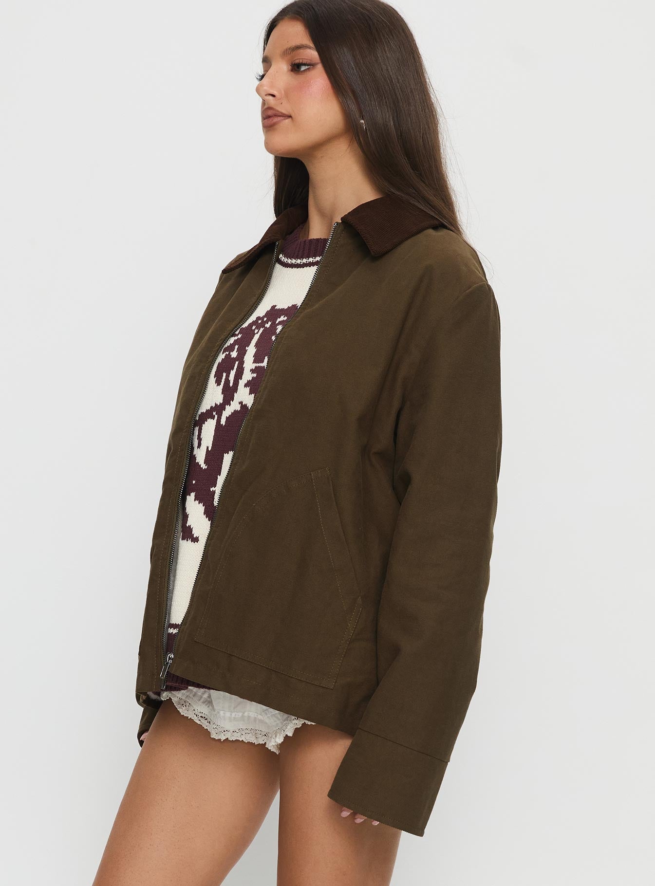 Livya Contrast Collar Utility Jacket Khaki - Image 4