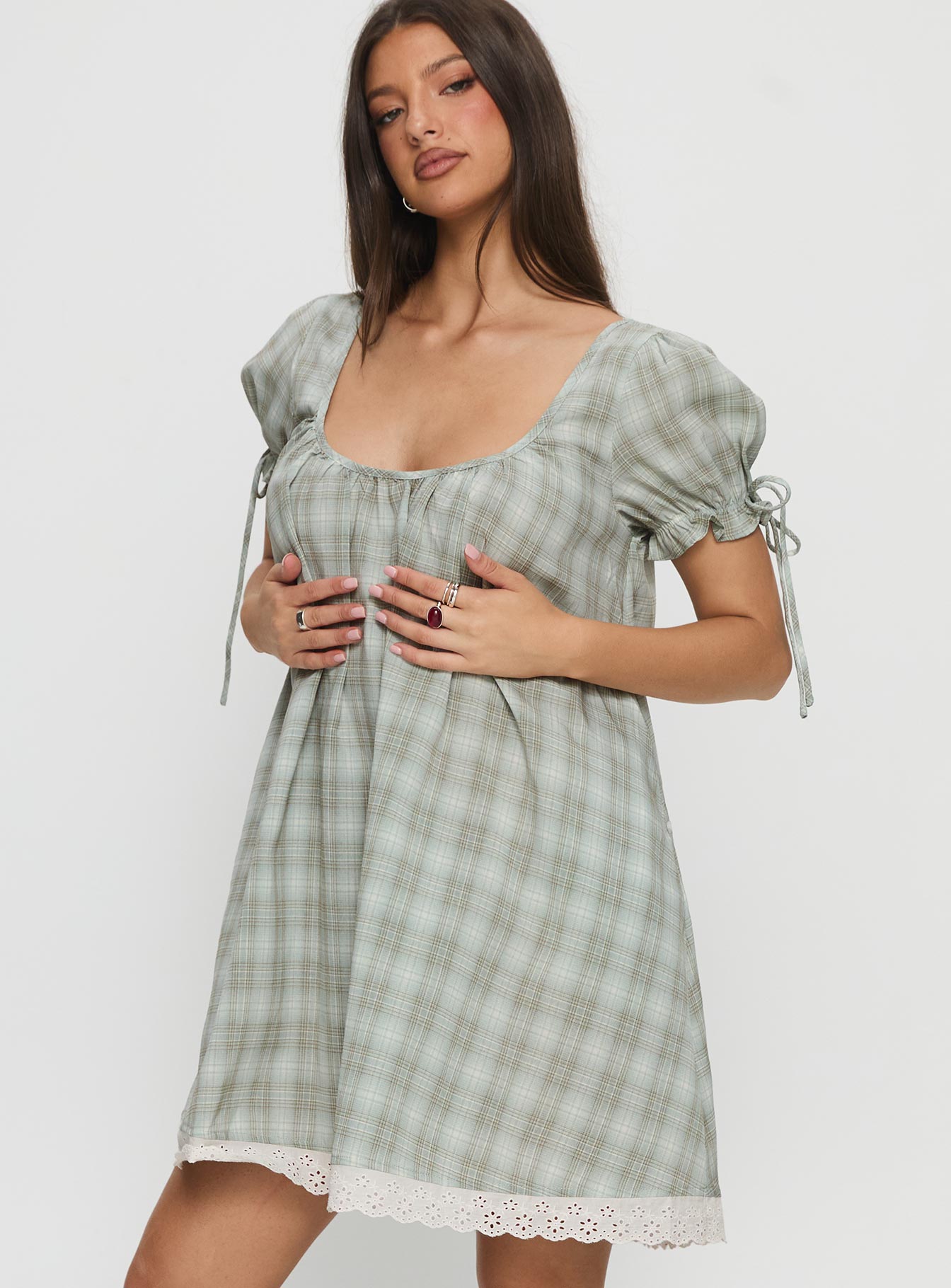 Embracing Puff Sleeve Swing Mini Dress Blue Check - Image 4