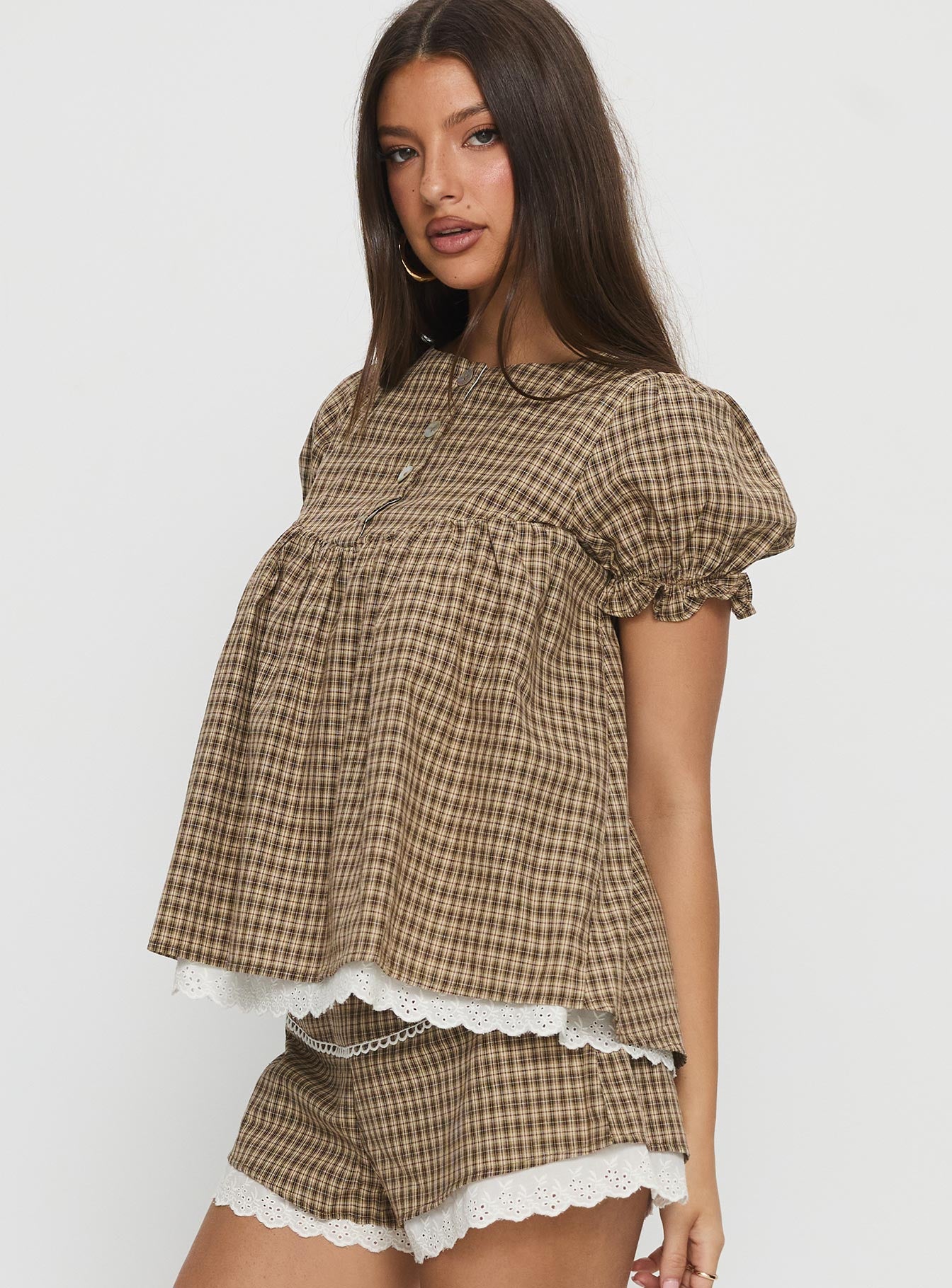 Chandelier Babydoll Top Brown Check - Image 4