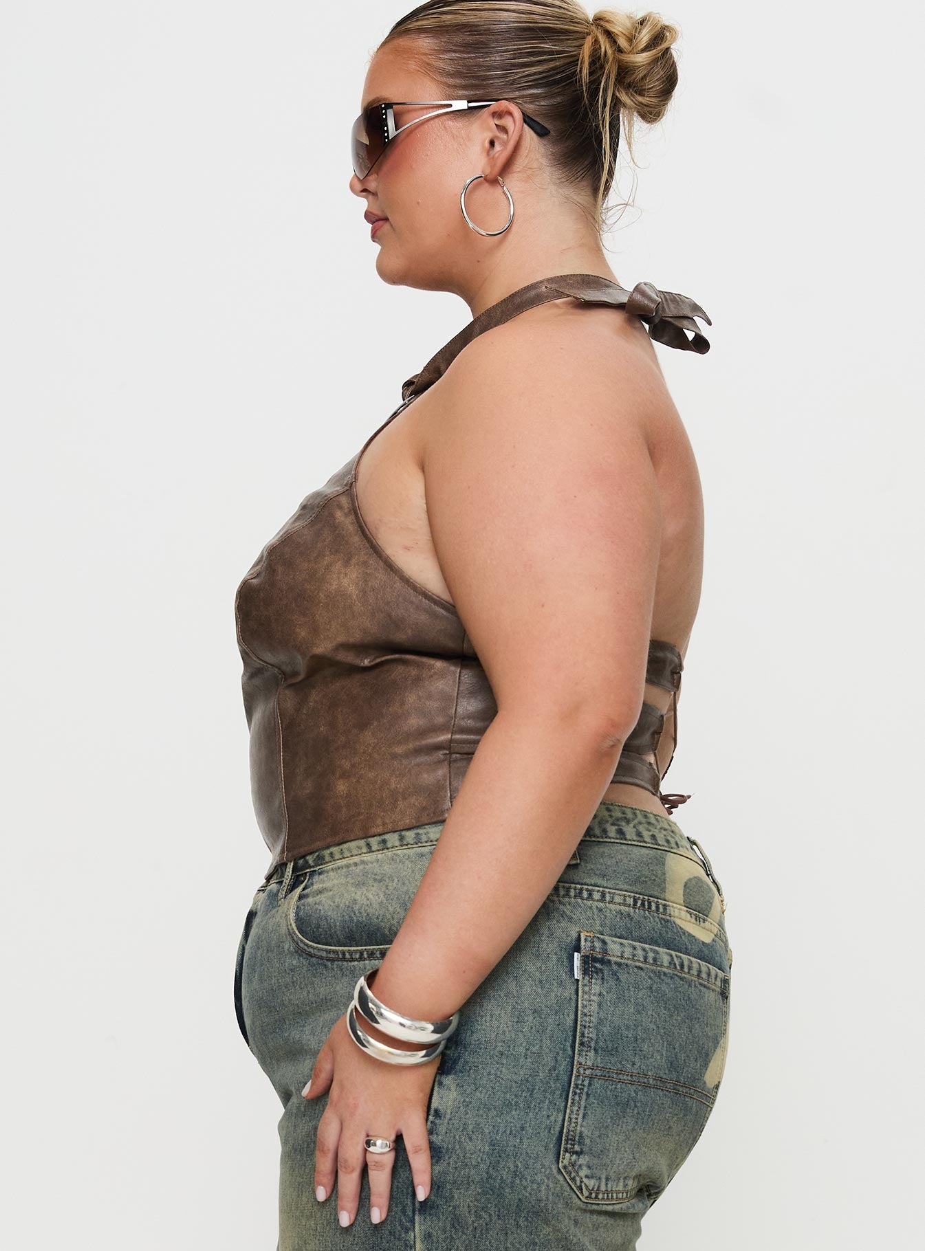 Treat You Better Ring Detail Faux Leather Top Brown Curve - Image 4