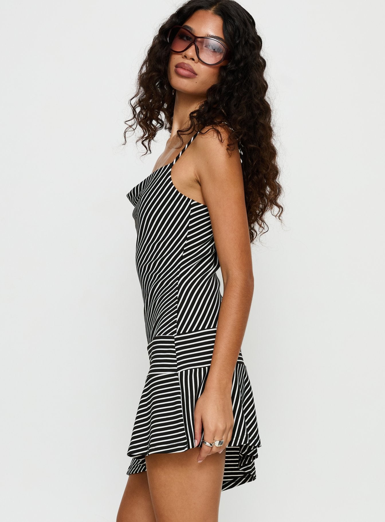 Laurela Asymmetrical Mini Dress Black / White Stripe - Image 4