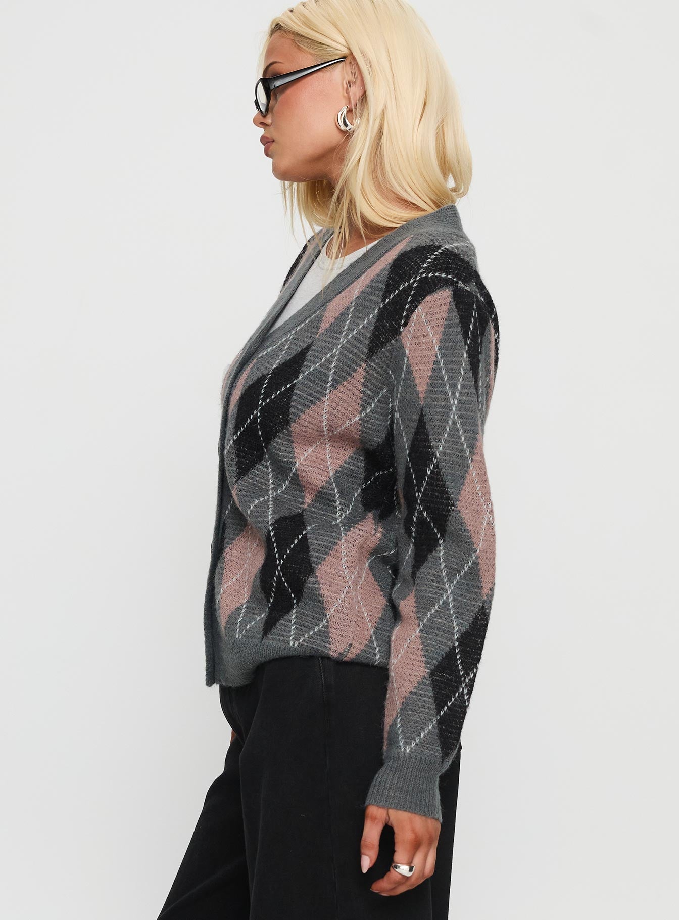 Zeeva Button Through Knit Cardigan Grey Argyle - Image 4