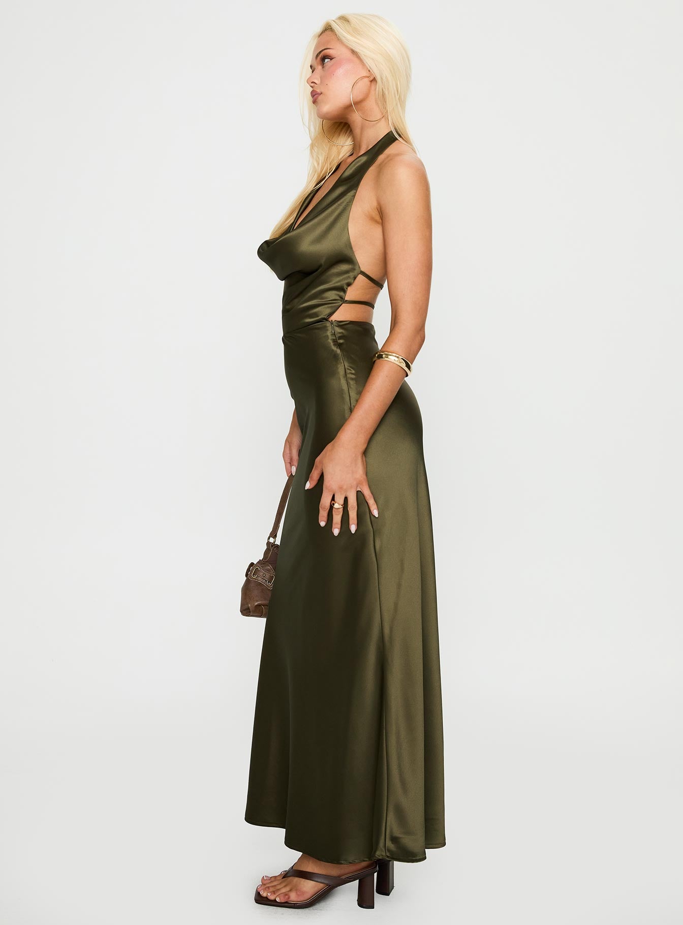 Iridescent Plunge Maxi Dress Olive Green - Image 3