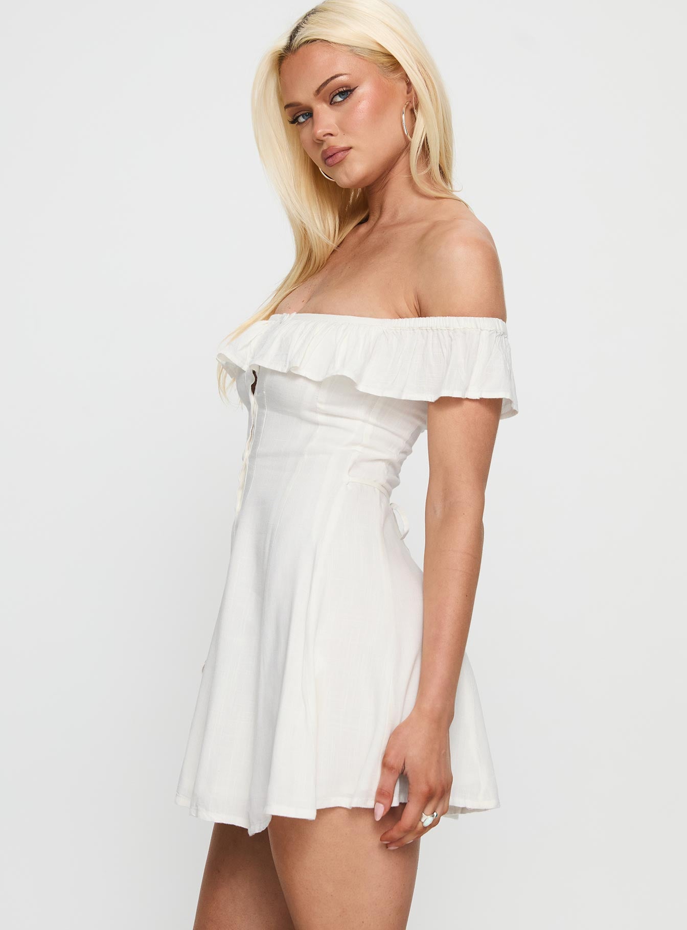 Corail Off Shoulder Frill Mini Dress White - Image 4