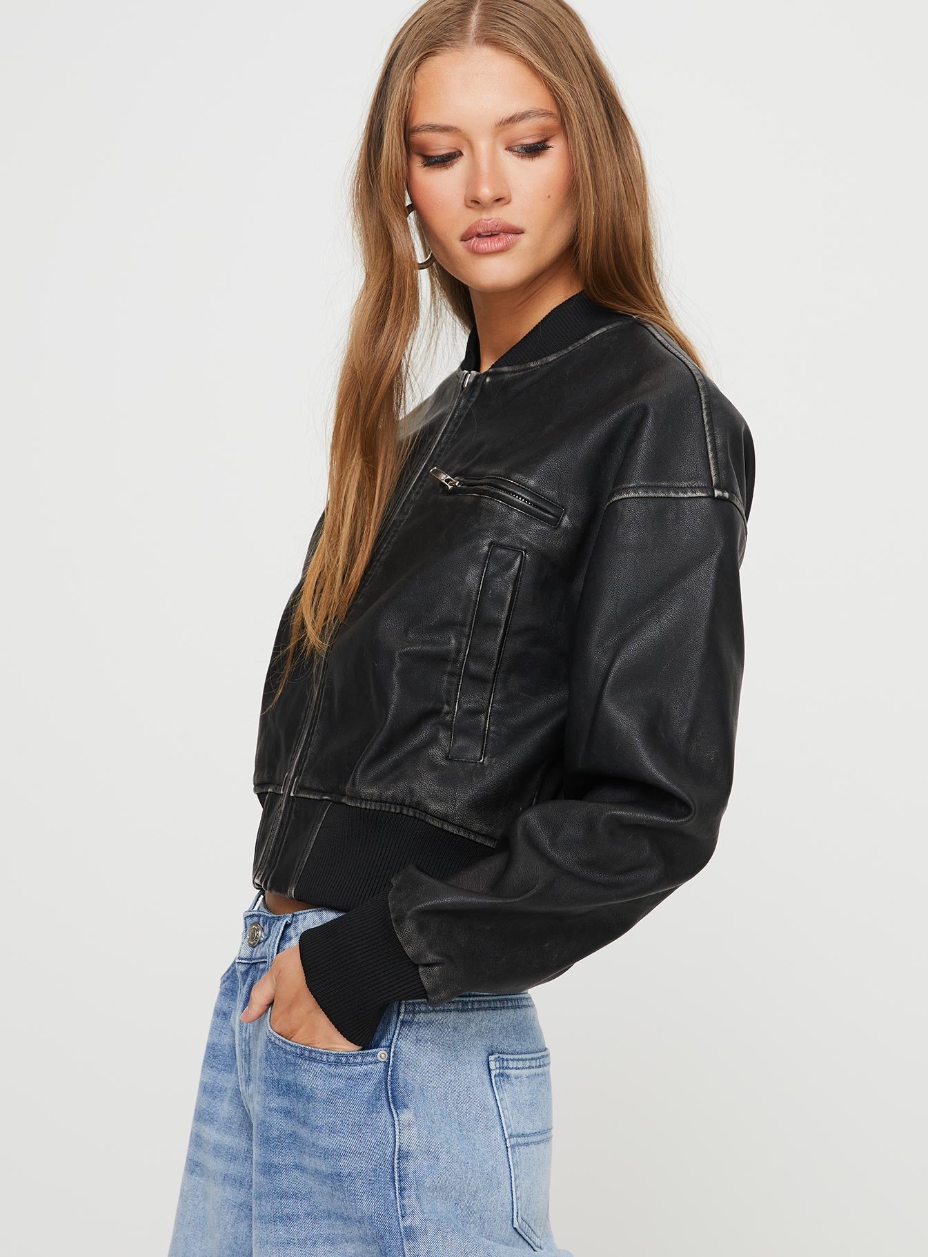 Sweet Disaster Faux Leather Cropped Bomber Jacket Black - Image 4