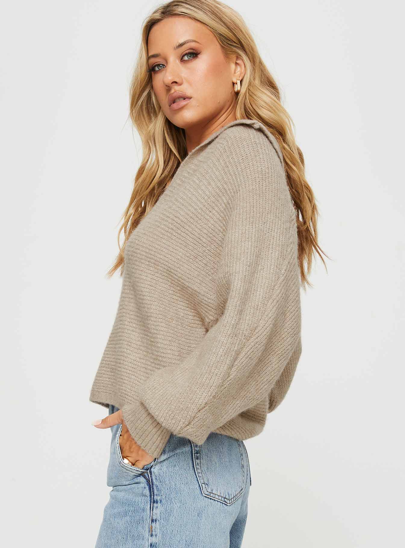 Bella Notched Neck Sweater Beige - Image 3