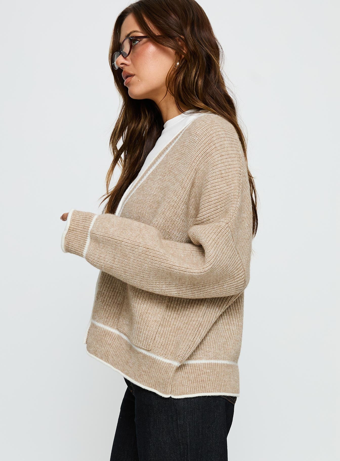 Cressara Contrast Knit Cardigan Beige / White - Image 4