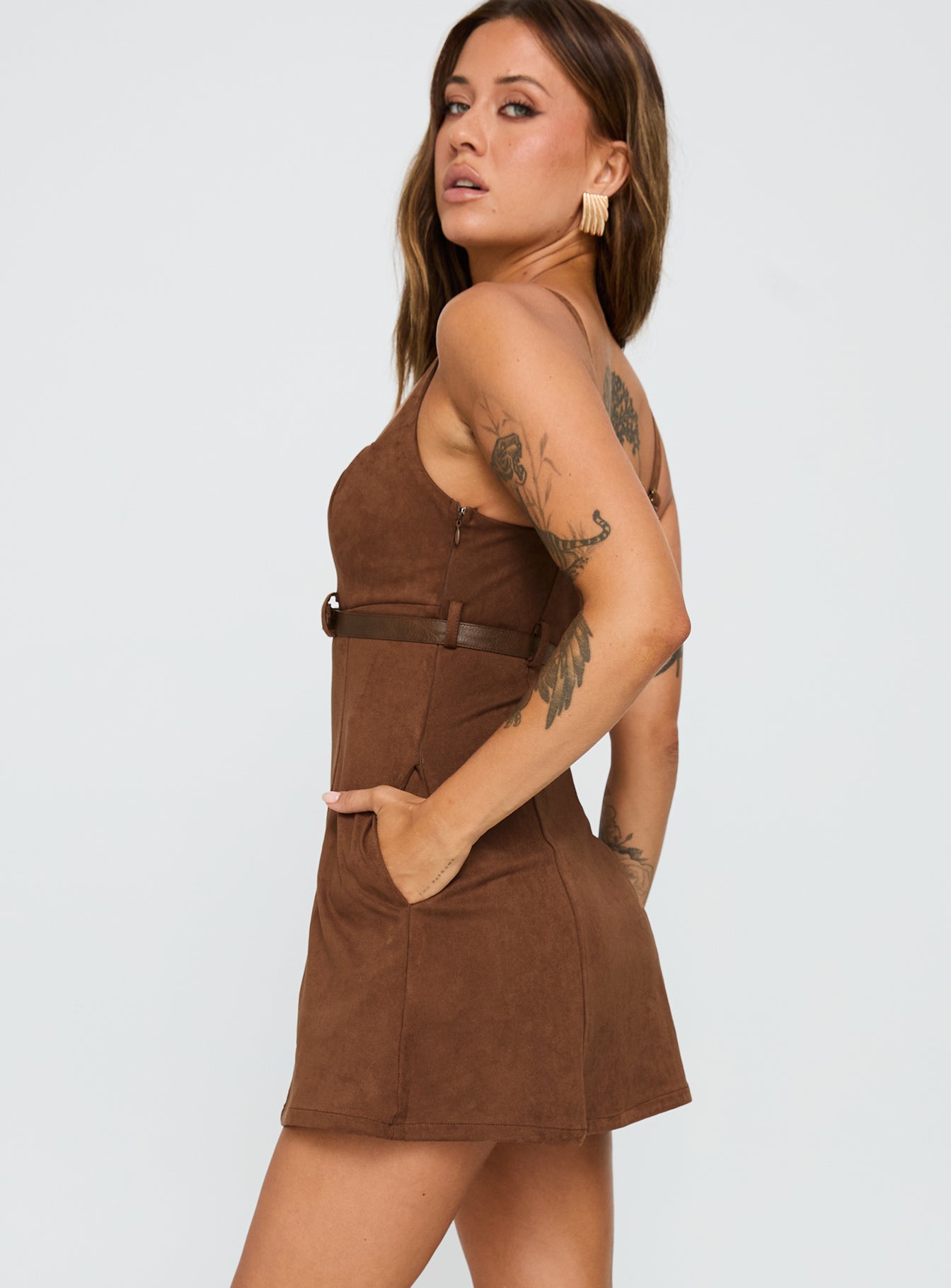 Way Back In Faux Suede Mini Dress Brown - Image 3