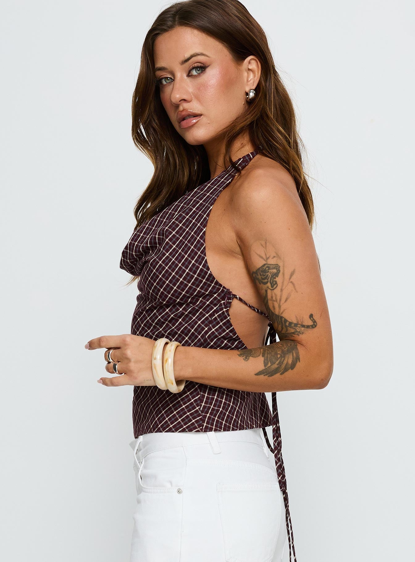 Gaybriel Cowl Neck Low Back Top Wine Check - Image 4