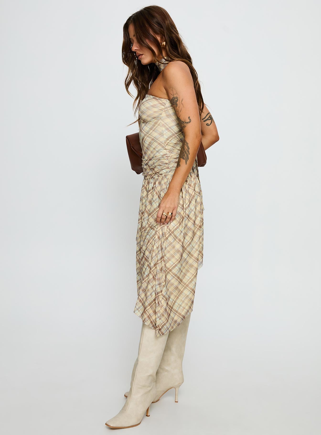 Cambria Strapless Scarf Midi Dress Yellow Check - Image 4