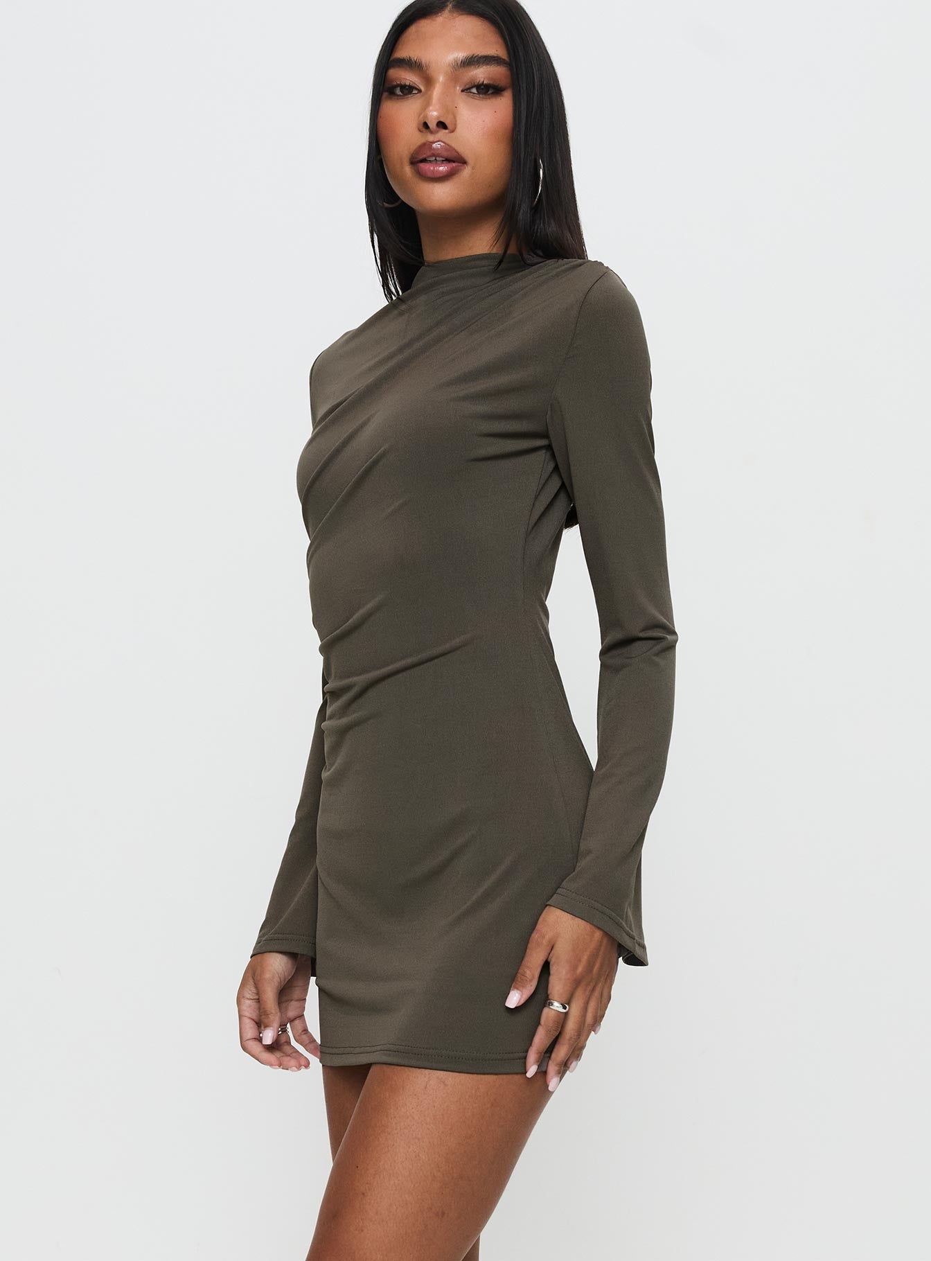 Arte Deco Long Sleeve Mini Dress Mocha - Image 3