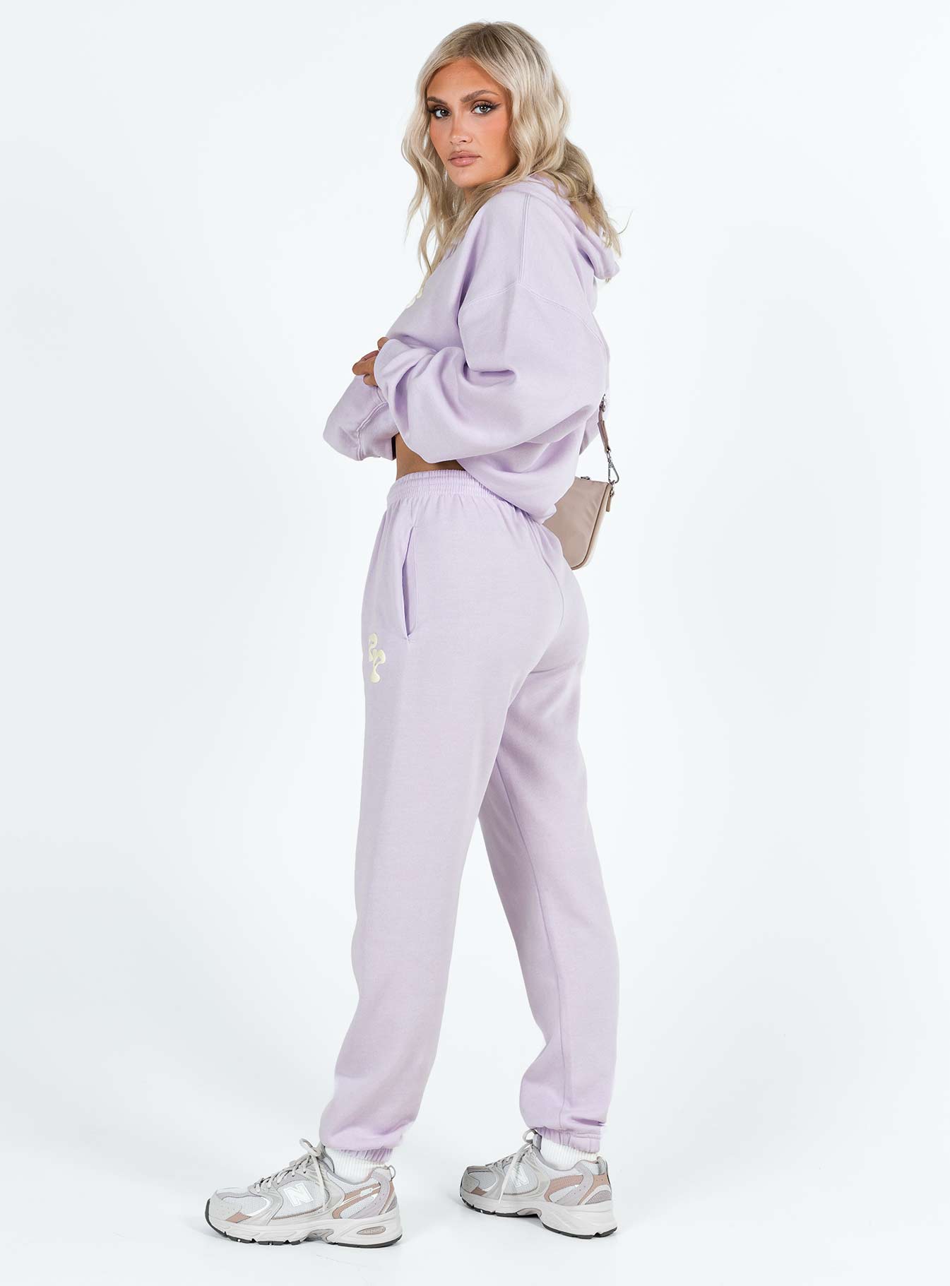 Princess Polly Track Pants Squiggle Text Dusty Mauve / Eggshell - Image 4